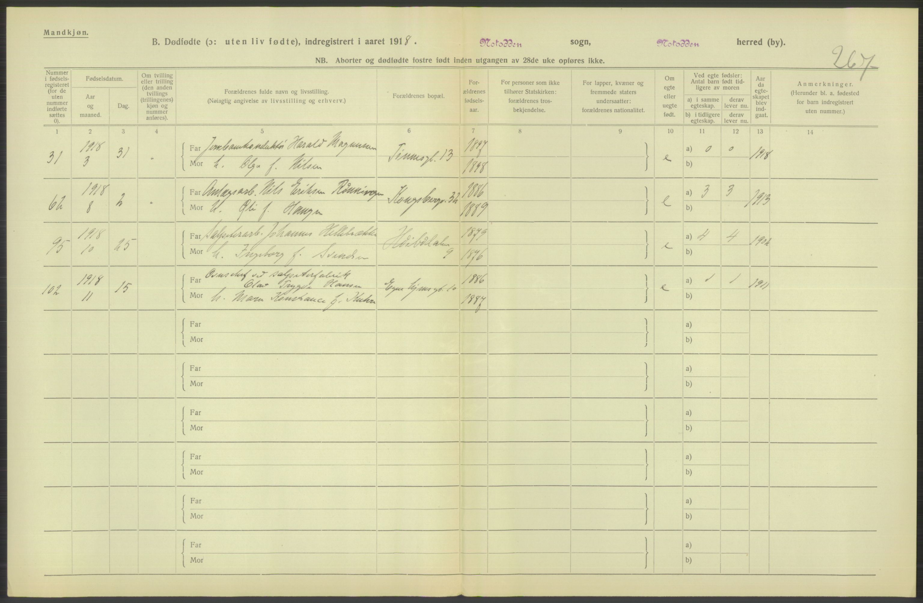 Statistisk sentralbyrå, Sosiodemografiske emner, Befolkning, RA/S-2228/D/Df/Dfb/Dfbh/L0025: Telemark fylke: Gifte, dødfødte. Bygder og byer., 1918, p. 290