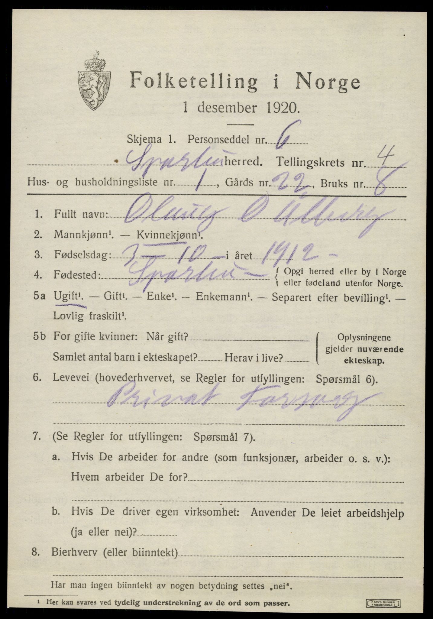 SAT, 1920 census for Sparbu, 1920, p. 5181