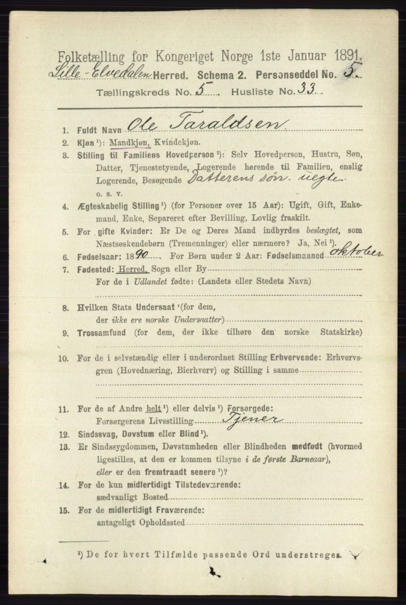 RA, 1891 census for 0438 Lille Elvedalen, 1891, p. 1747