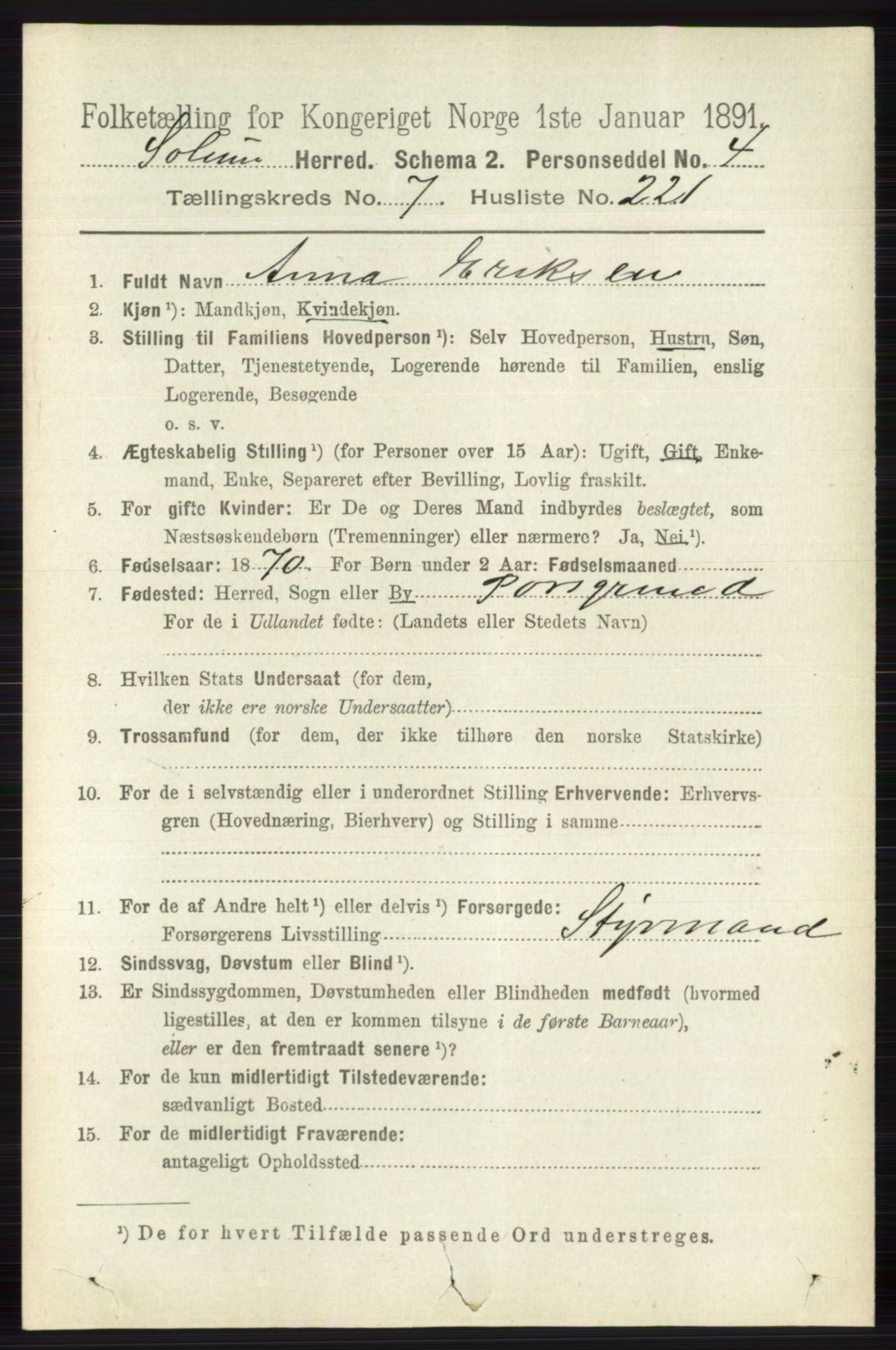 RA, 1891 census for 0818 Solum, 1891, p. 4020