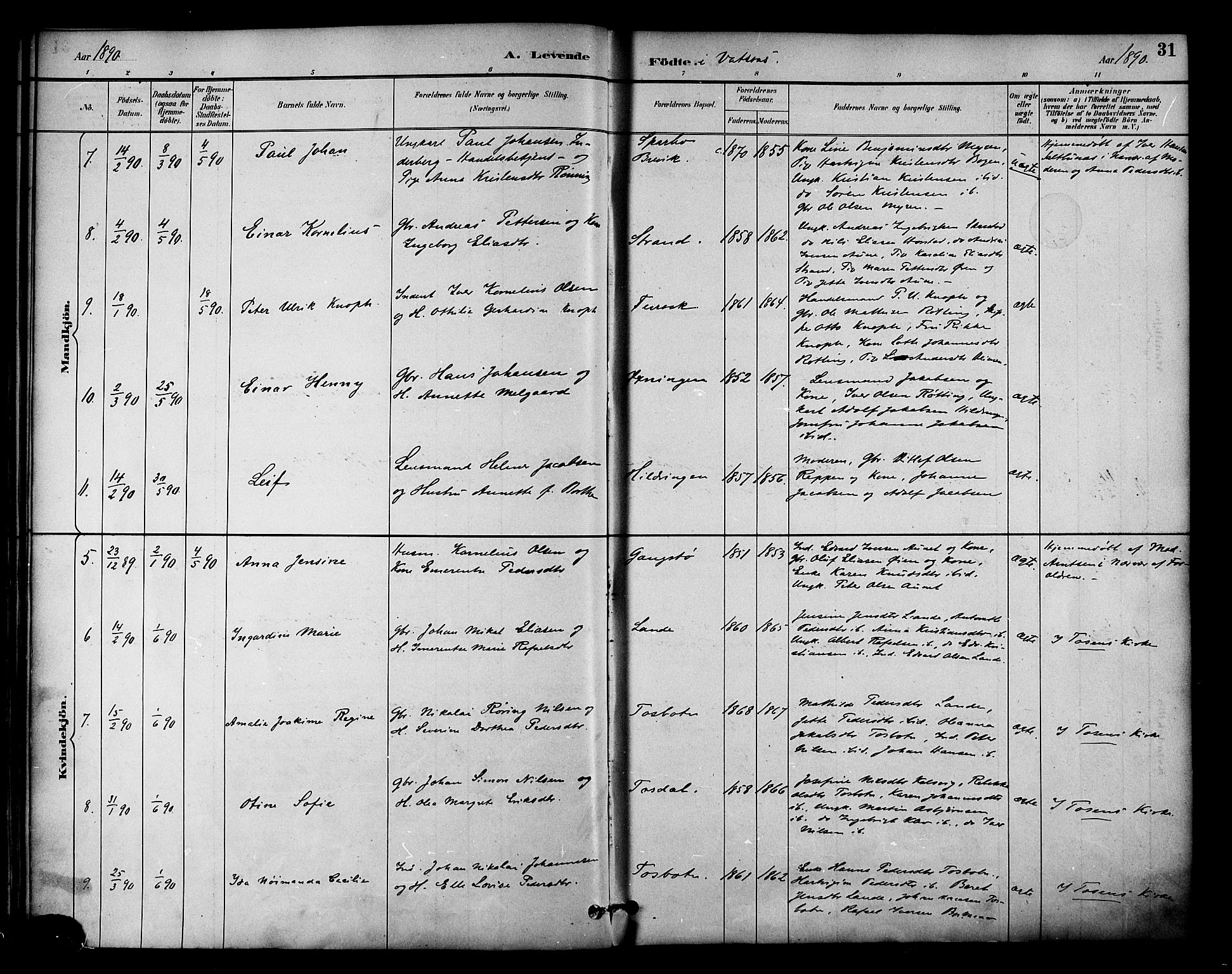 Ministerialprotokoller, klokkerbøker og fødselsregistre - Nordland, AV/SAT-A-1459/810/L0150: Parish register (official) no. 810A10 /1, 1884-1895, p. 31