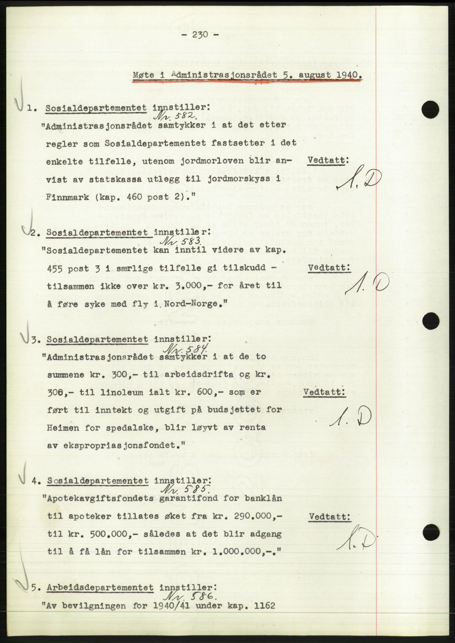 Administrasjonsrådet, AV/RA-S-1004/A/L0002: Vedtaksprotokoll 16/4-25/9, 1940, p. 234