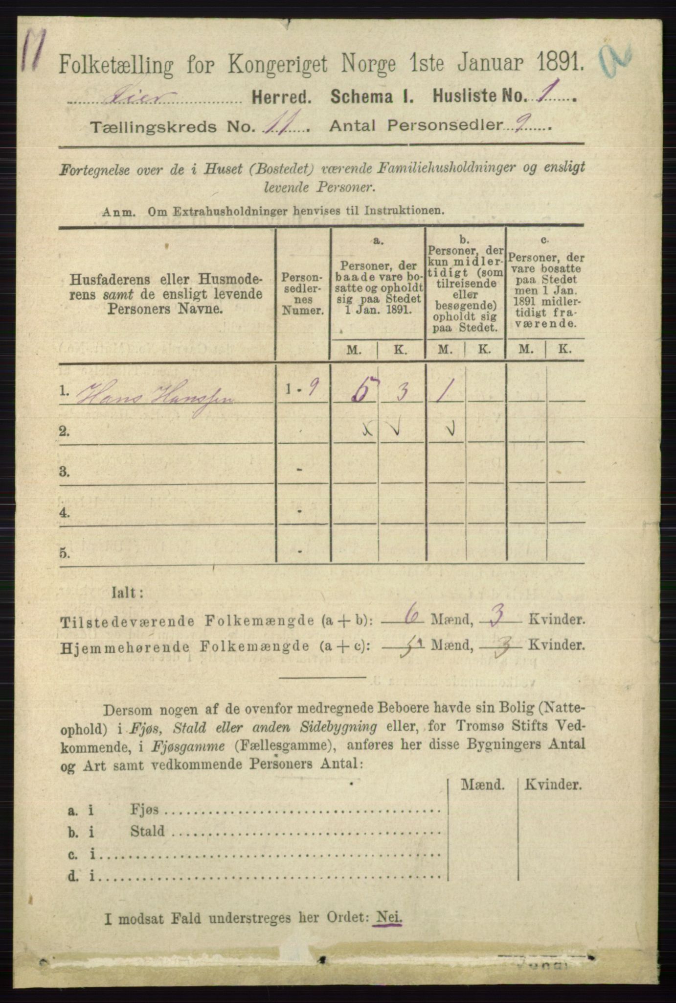 RA, 1891 census for 0626 Lier, 1891, p. 6783