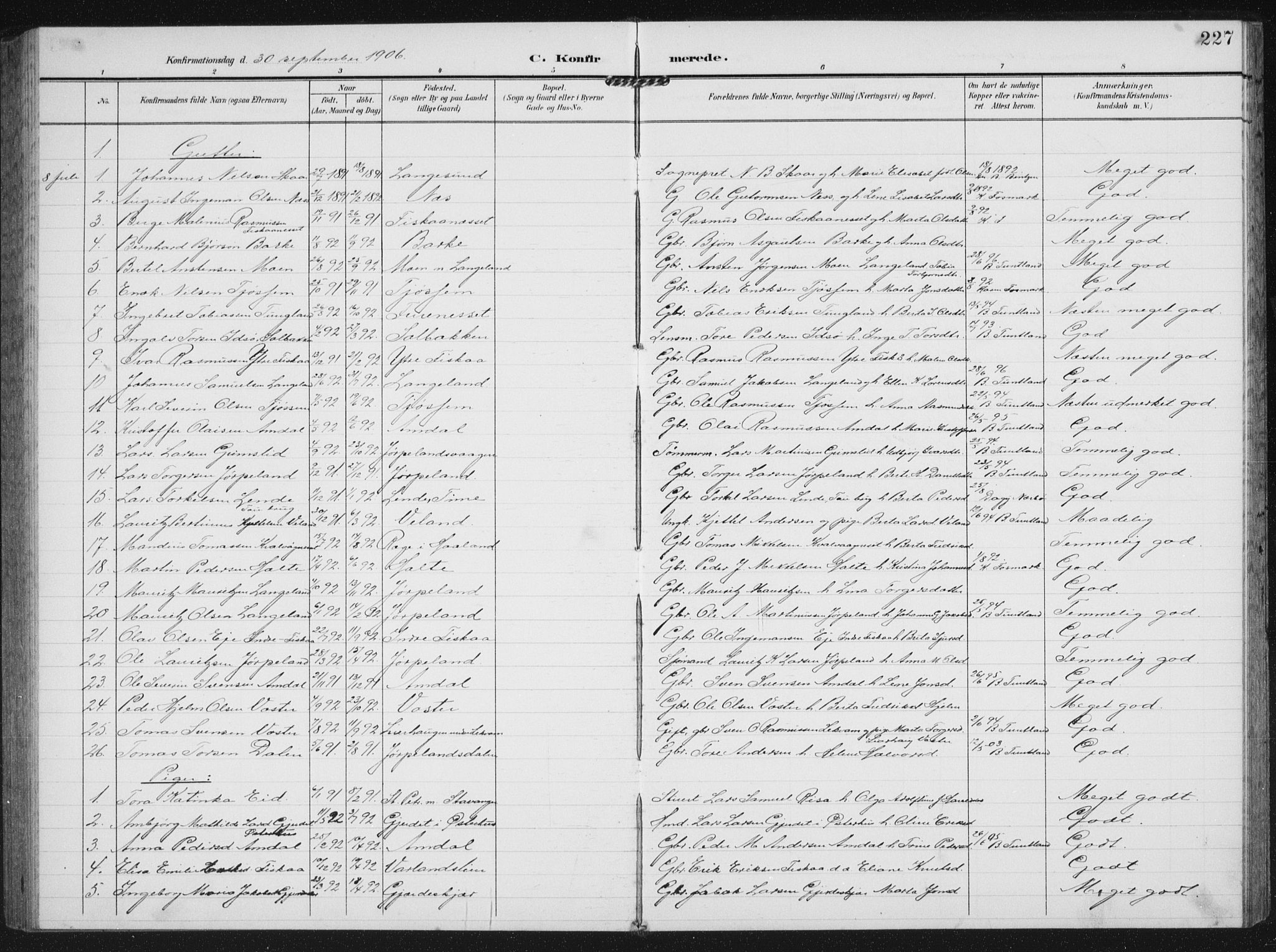 Strand sokneprestkontor, AV/SAST-A-101828/H/Ha/Hab/L0005: Parish register (copy) no. B 5, 1904-1934, p. 227