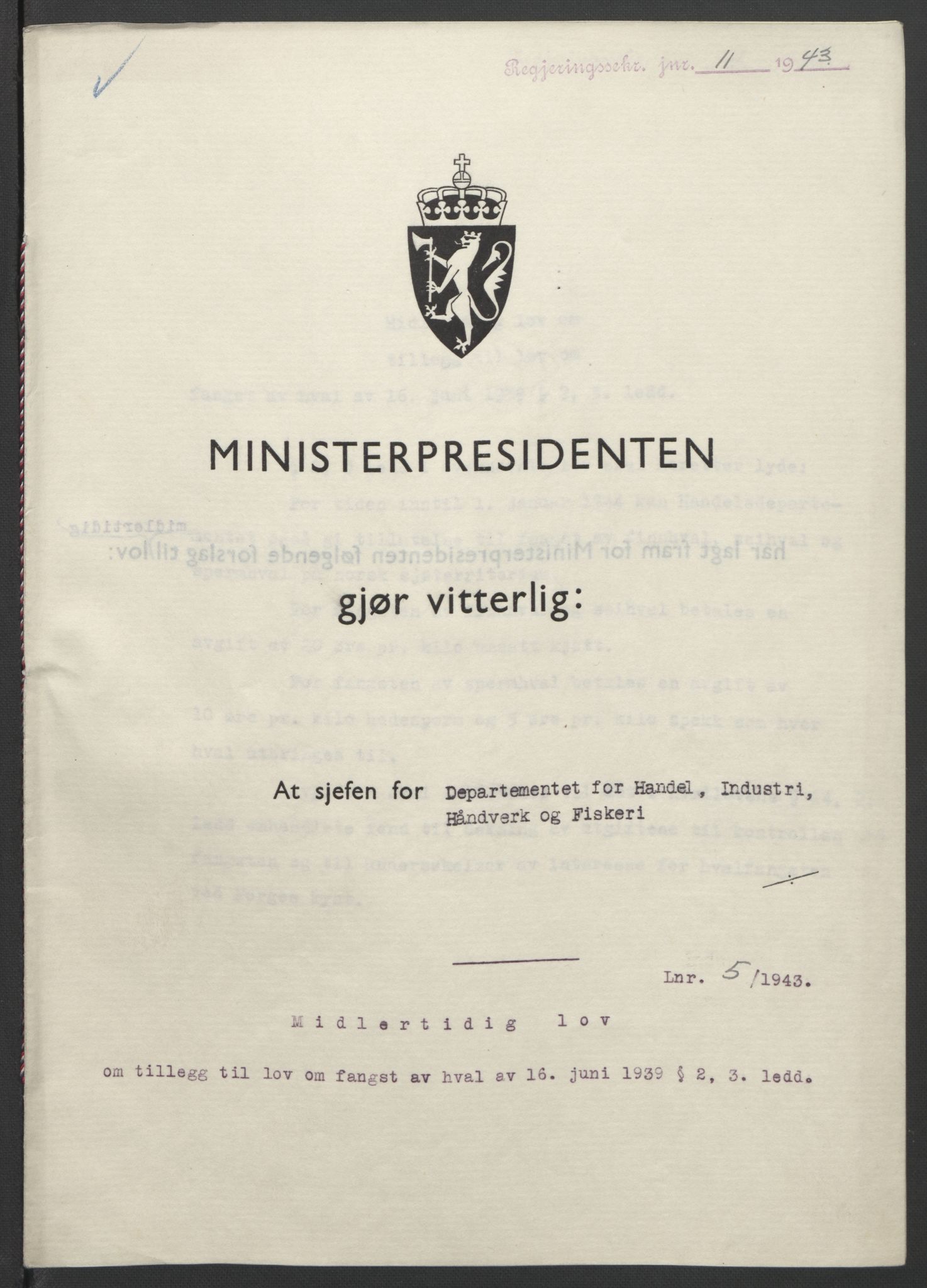 NS-administrasjonen 1940-1945 (Statsrådsekretariatet, de kommisariske statsråder mm), RA/S-4279/D/Db/L0099: Lover, 1943, p. 22