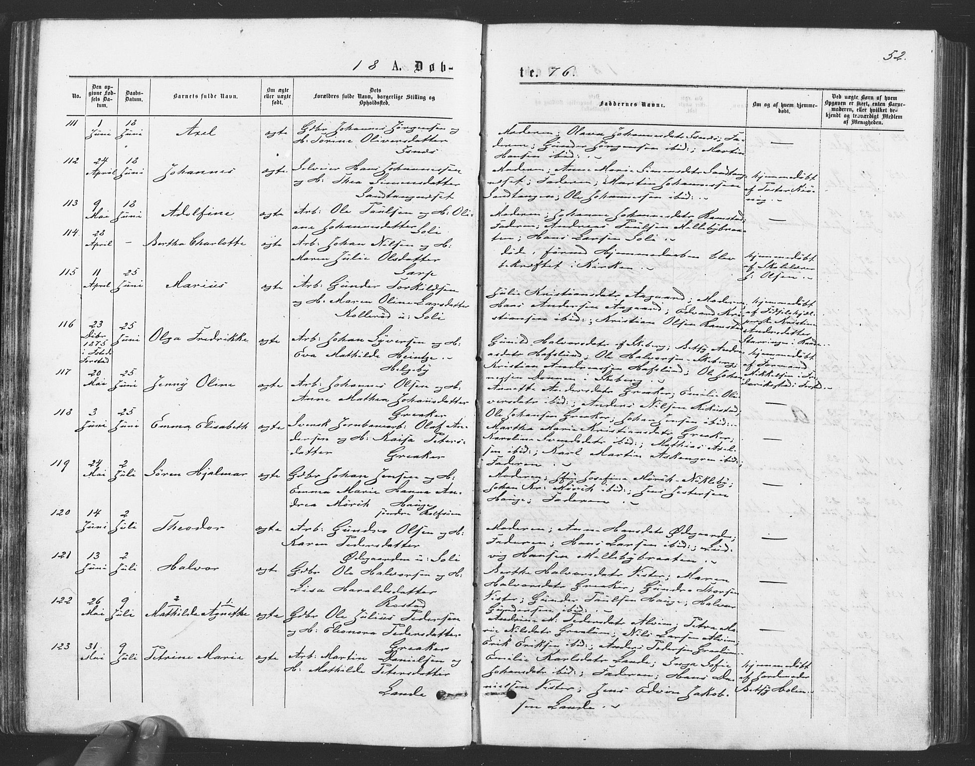Tune prestekontor Kirkebøker, AV/SAO-A-2007/F/Fa/L0016: Parish register (official) no. 16, 1874-1877, p. 52