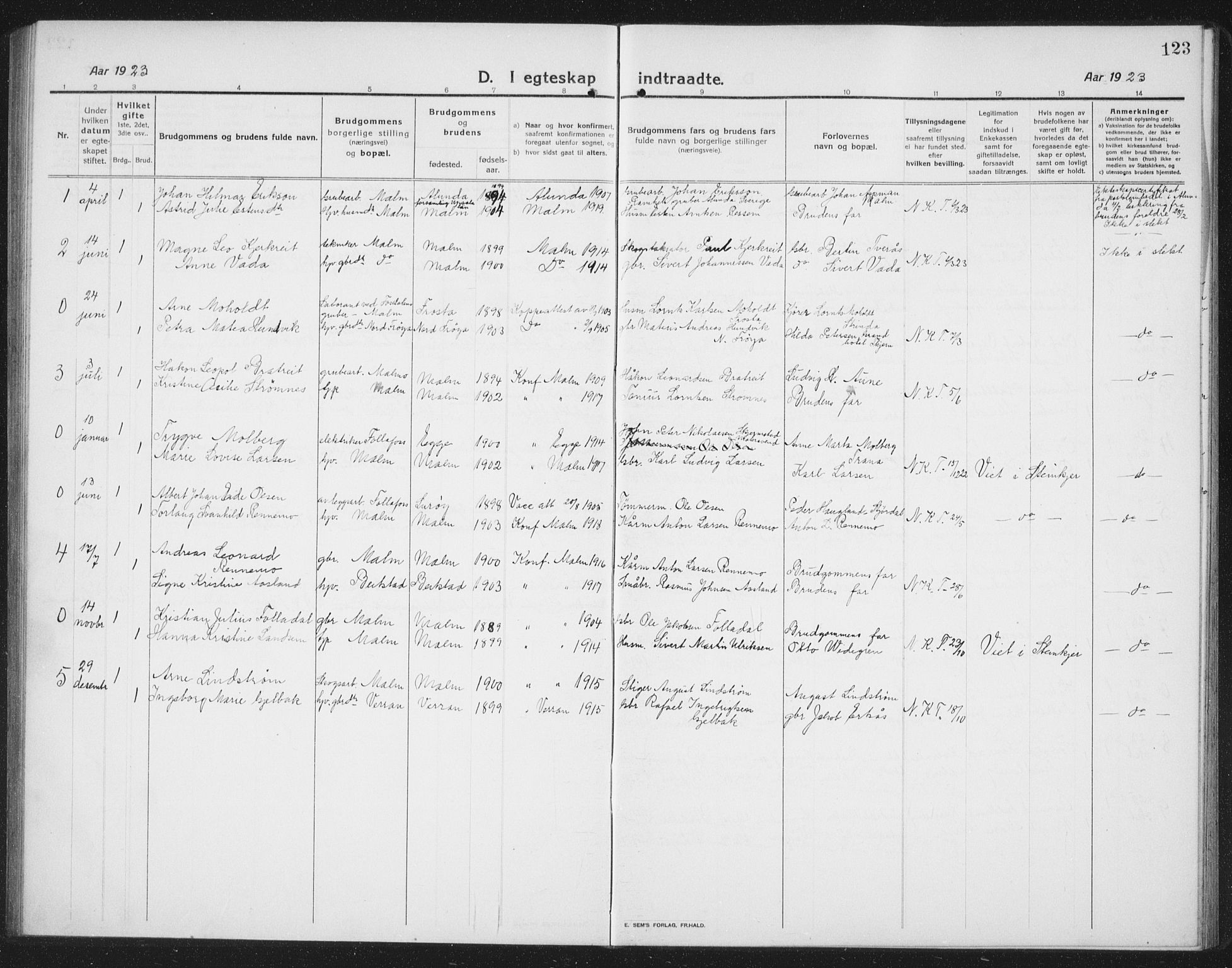 Ministerialprotokoller, klokkerbøker og fødselsregistre - Nord-Trøndelag, SAT/A-1458/745/L0434: Parish register (copy) no. 745C03, 1914-1937, p. 123