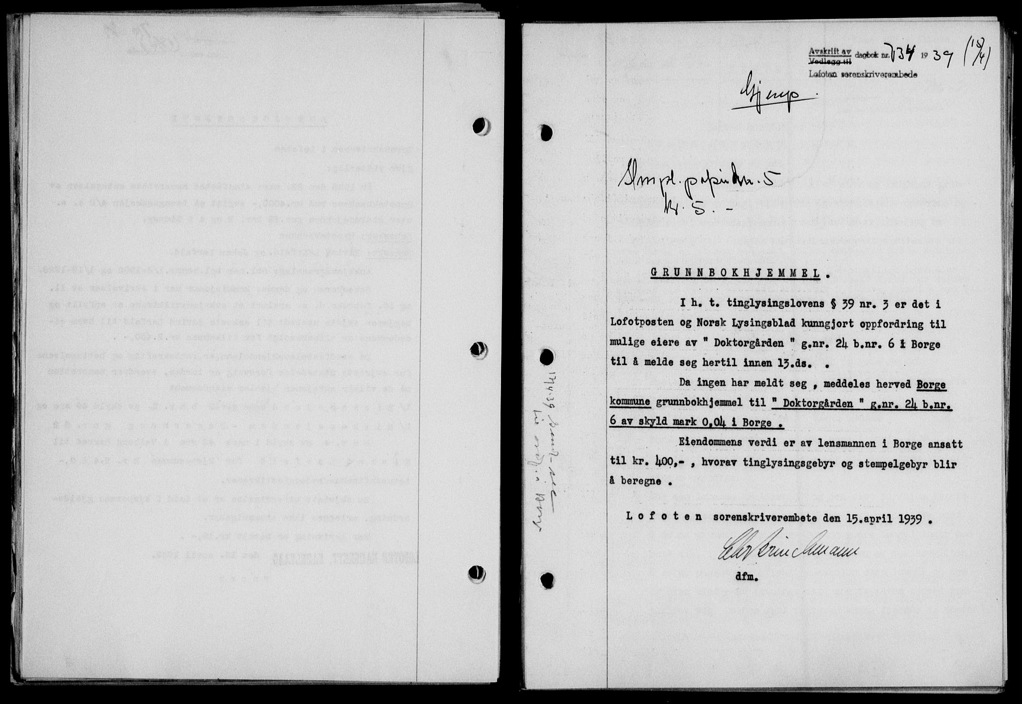 Lofoten sorenskriveri, SAT/A-0017/1/2/2C/L0005a: Mortgage book no. 5a, 1939-1939, Diary no: : 734/1939