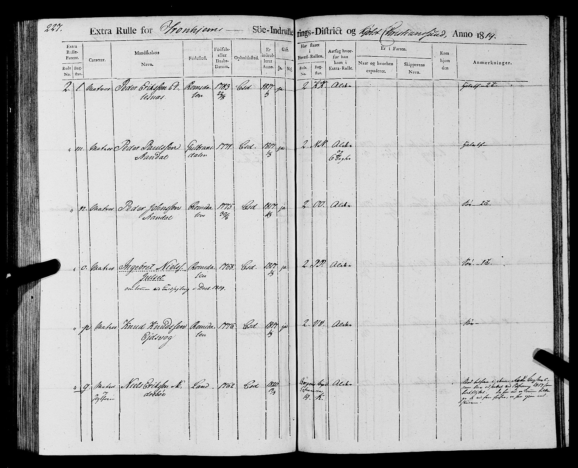 Sjøinnrulleringen - Trondhjemske distrikt, AV/SAT-A-5121/01/L0016/0001: -- / Rulle over Trondhjem distrikt, 1819, p. 227