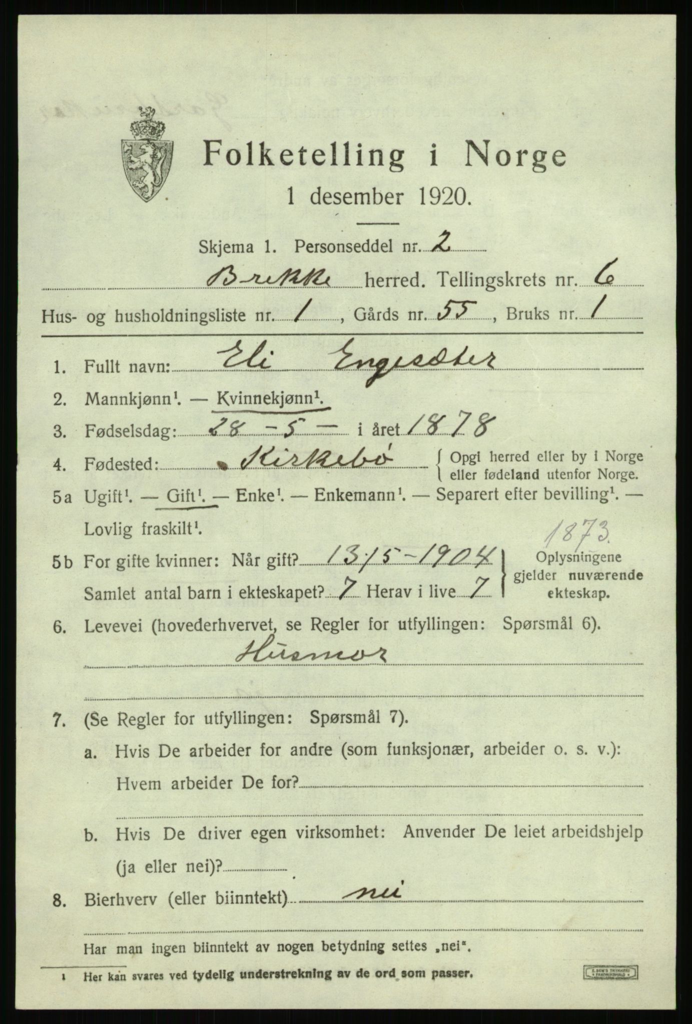 SAB, 1920 census for Brekke, 1920, p. 1264