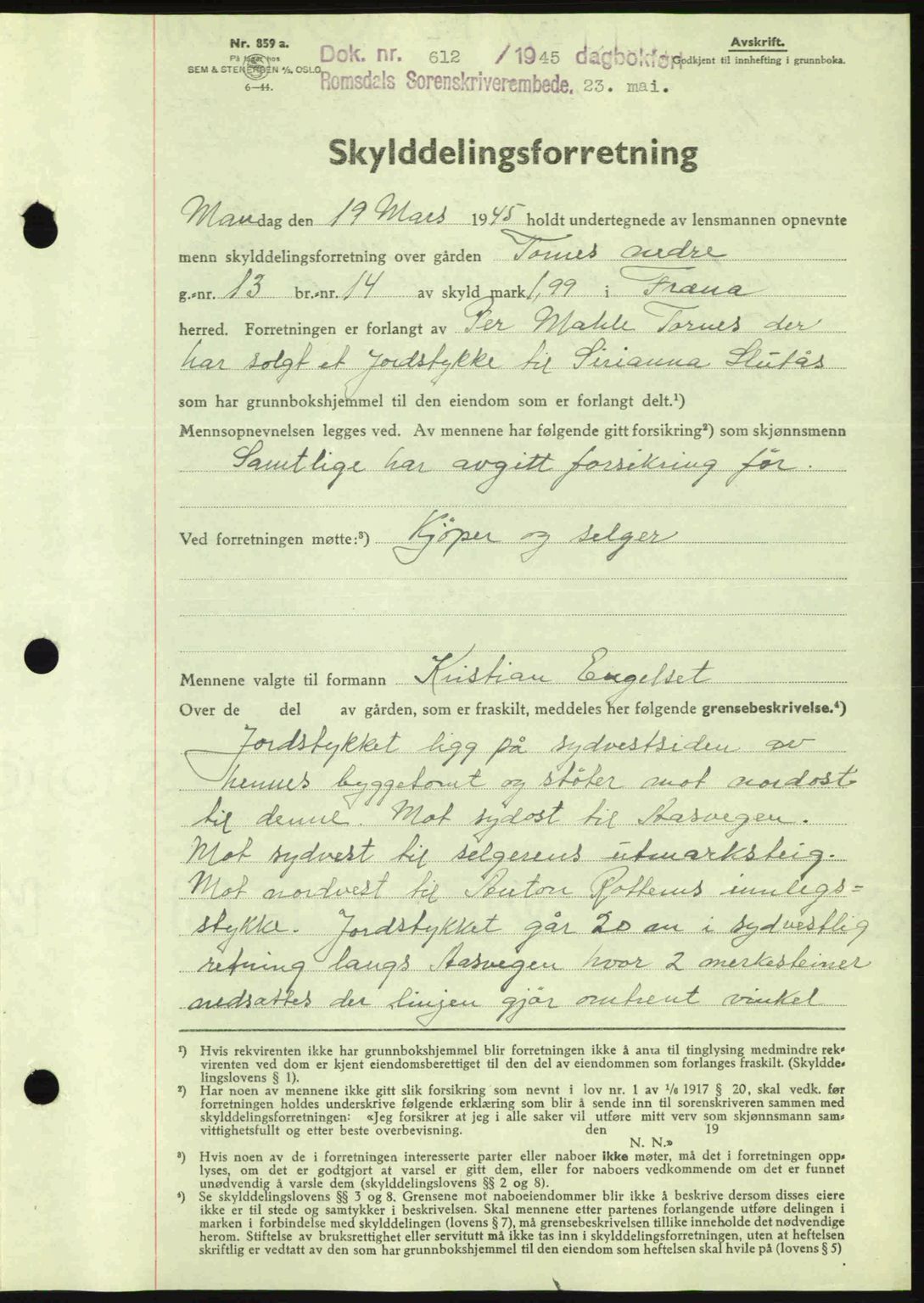 Romsdal sorenskriveri, AV/SAT-A-4149/1/2/2C: Mortgage book no. A17, 1944-1945, Diary no: : 612/1945