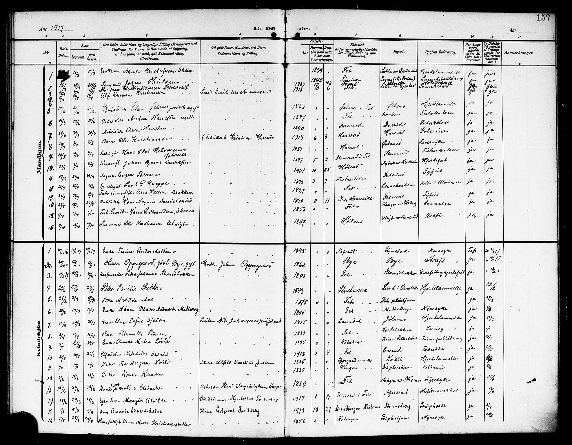 Fet prestekontor Kirkebøker, AV/SAO-A-10370a/G/Ga/L0008: Parish register (copy) no. I 8, 1907-1920, p. 157