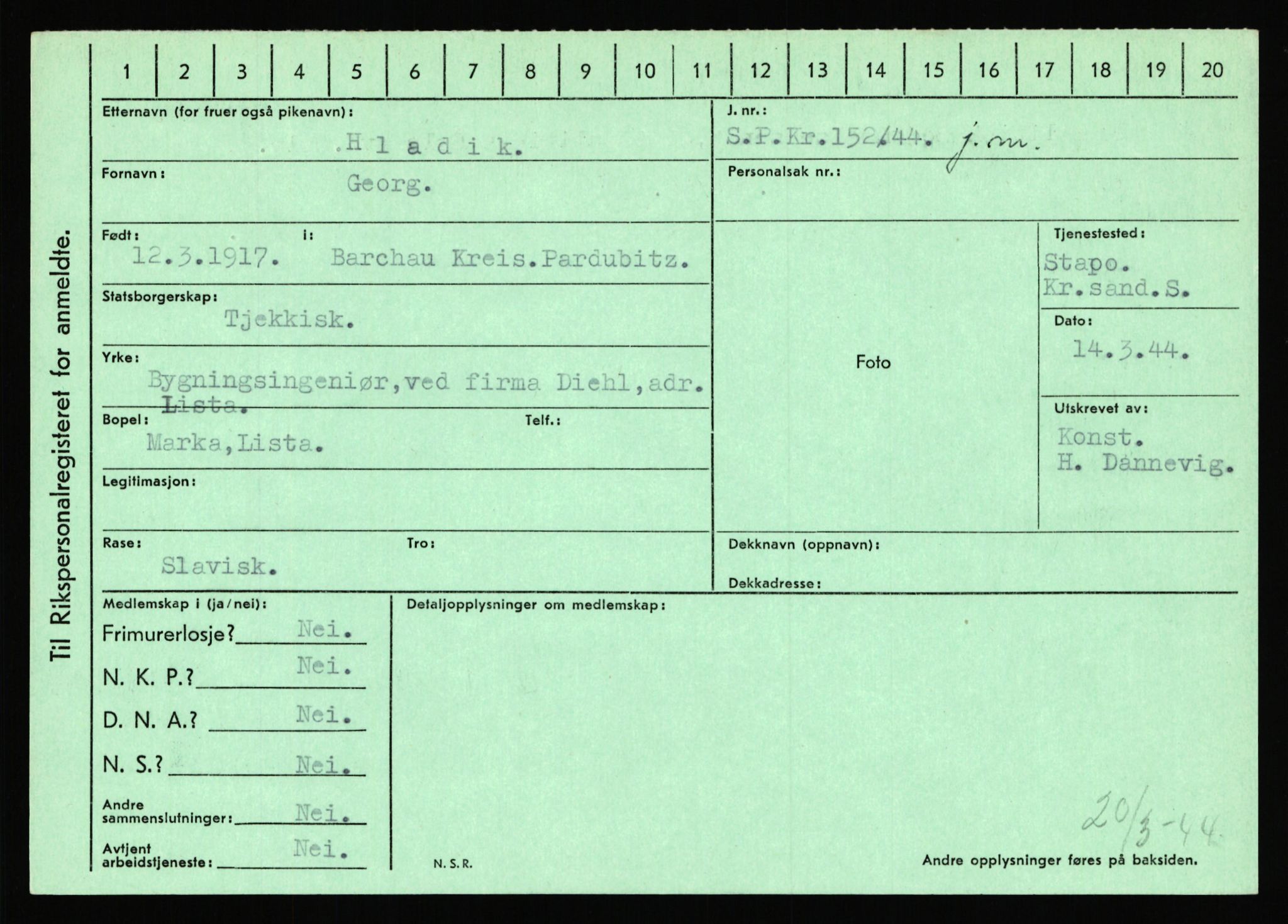 Statspolitiet - Hovedkontoret / Osloavdelingen, AV/RA-S-1329/C/Ca/L0006: Hanche - Hokstvedt, 1943-1945, p. 4497