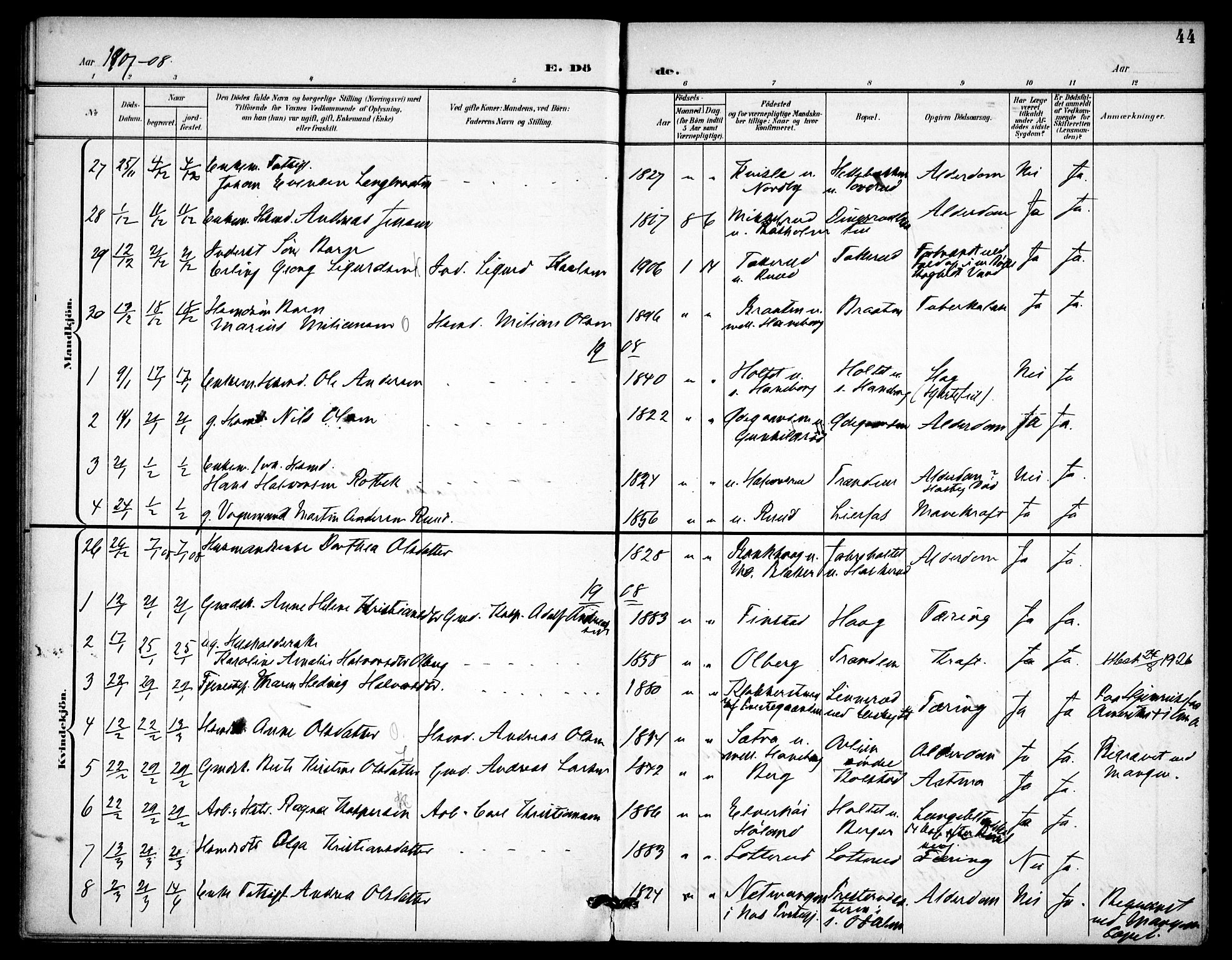 Aurskog prestekontor Kirkebøker, SAO/A-10304a/F/Fa/L0013: Parish register (official) no. I 13, 1900-1910, p. 44
