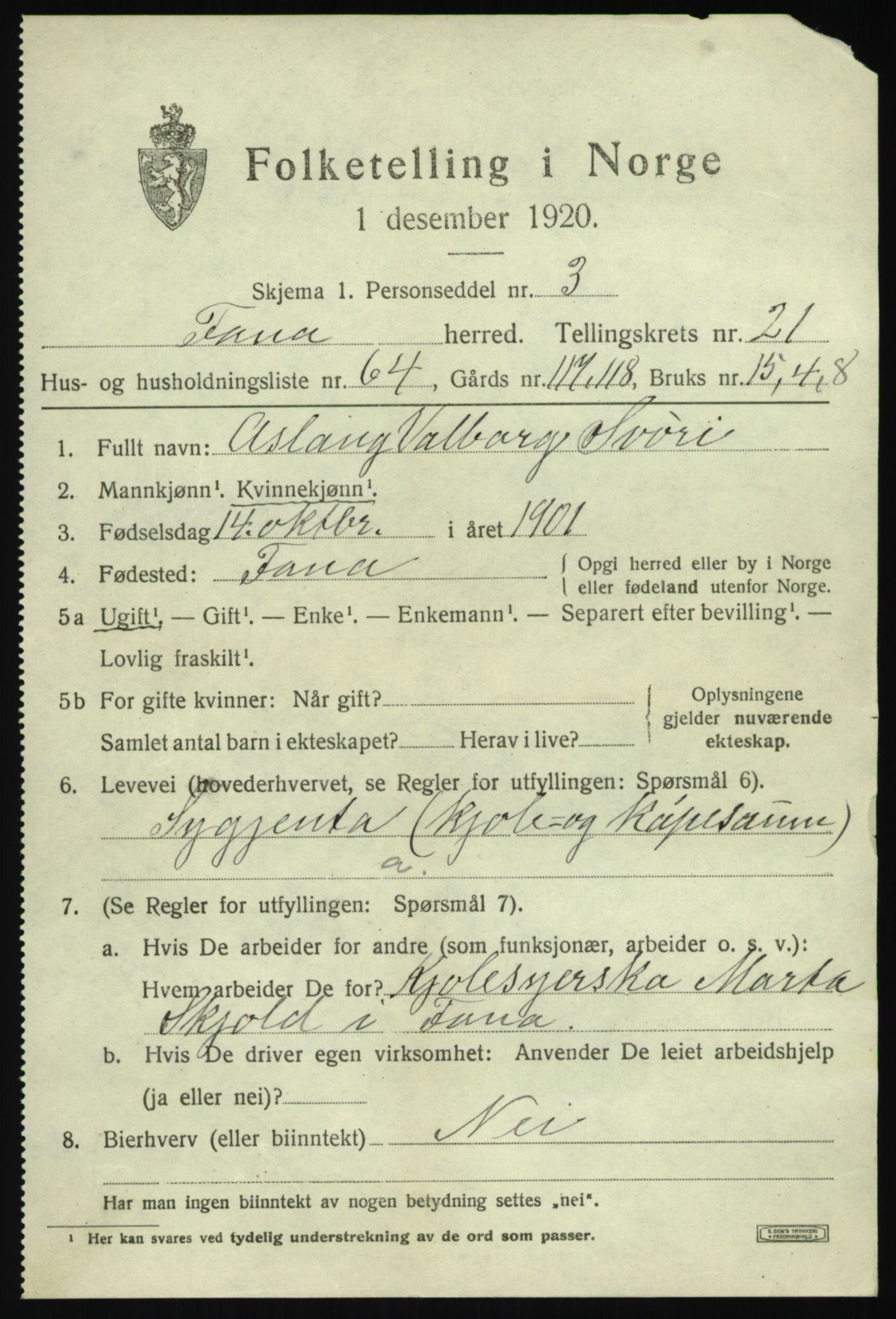 SAB, 1920 census for Fana, 1920, p. 25529