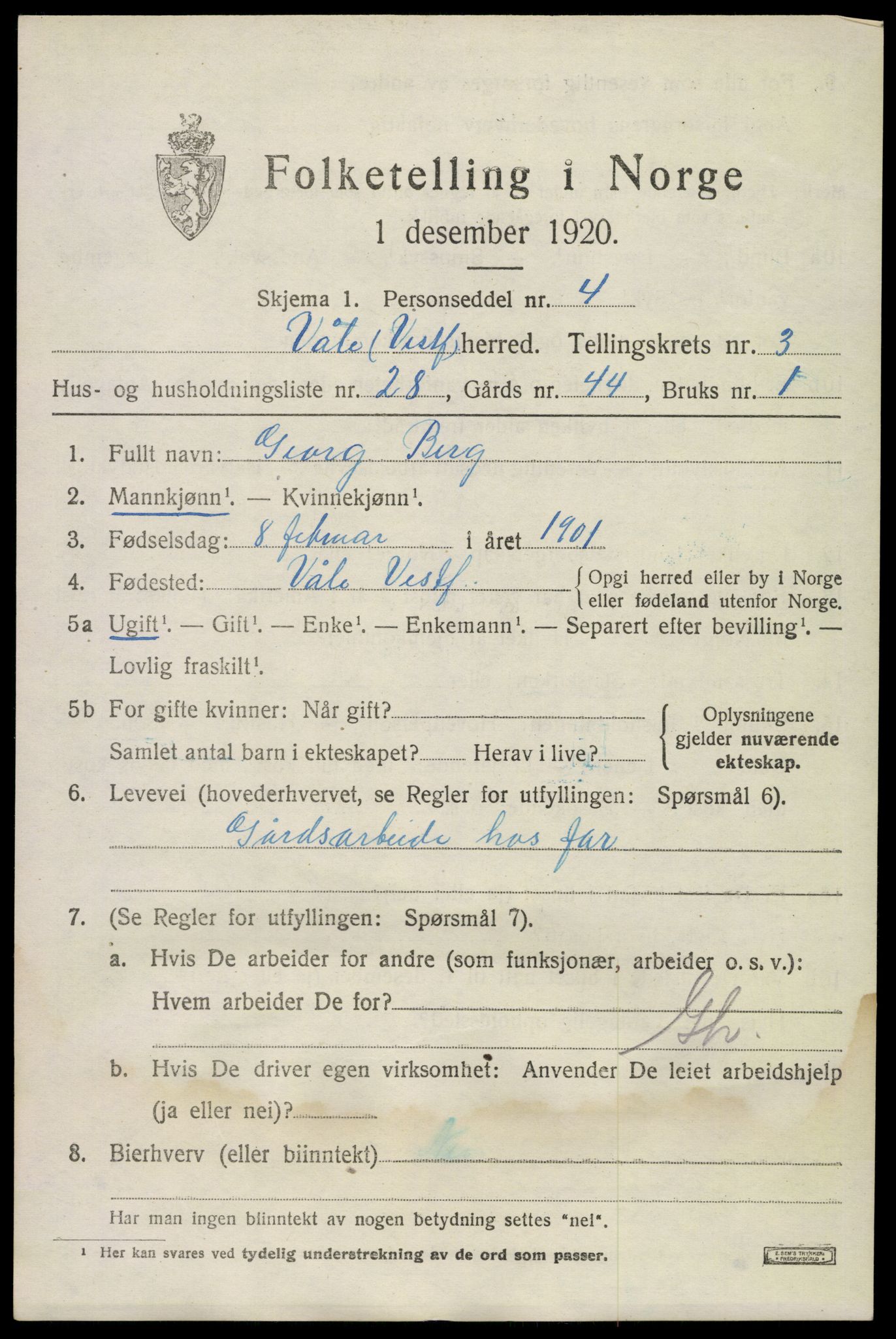 SAKO, 1920 census for Våle, 1920, p. 2636