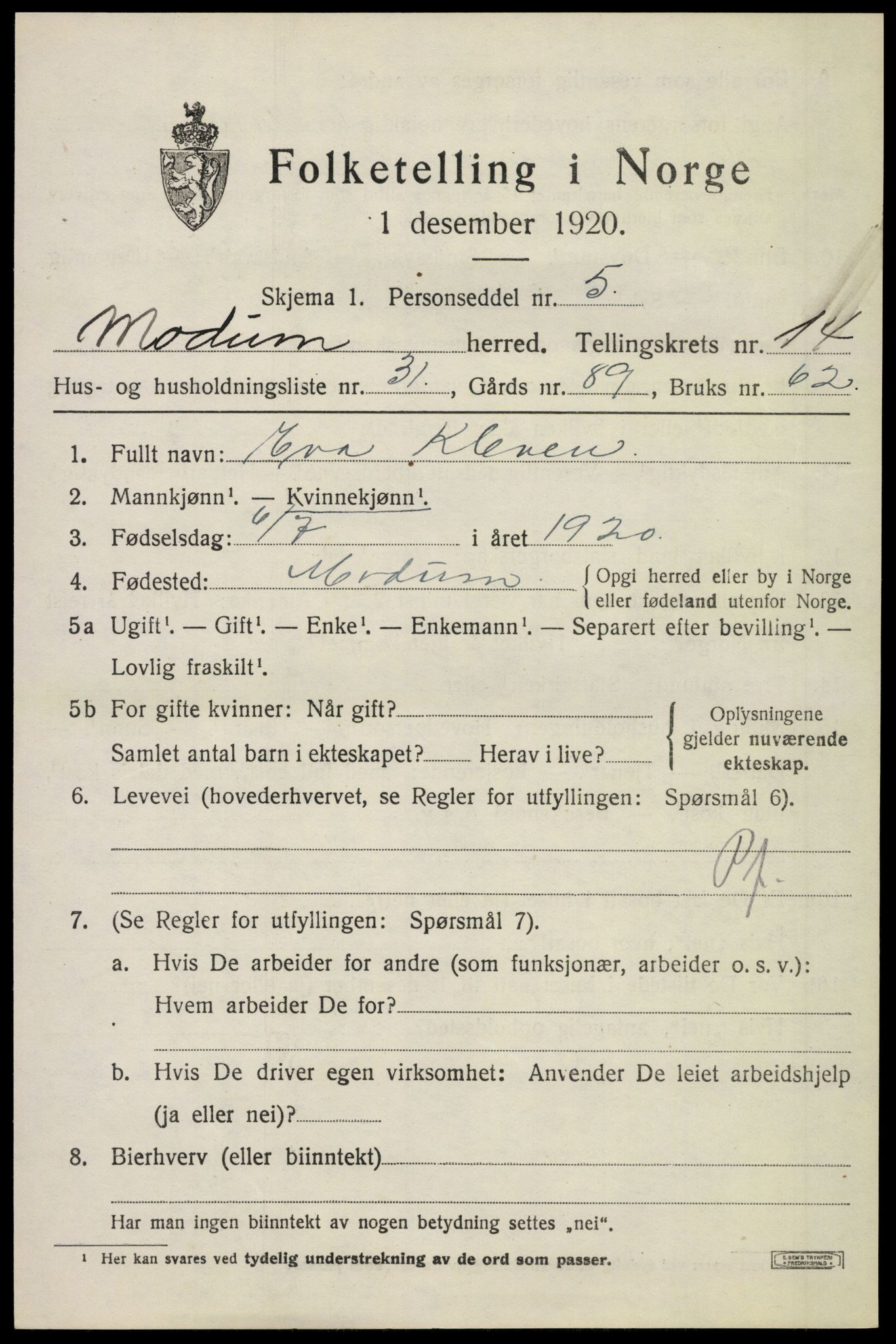 SAKO, 1920 census for Modum, 1920, p. 16357