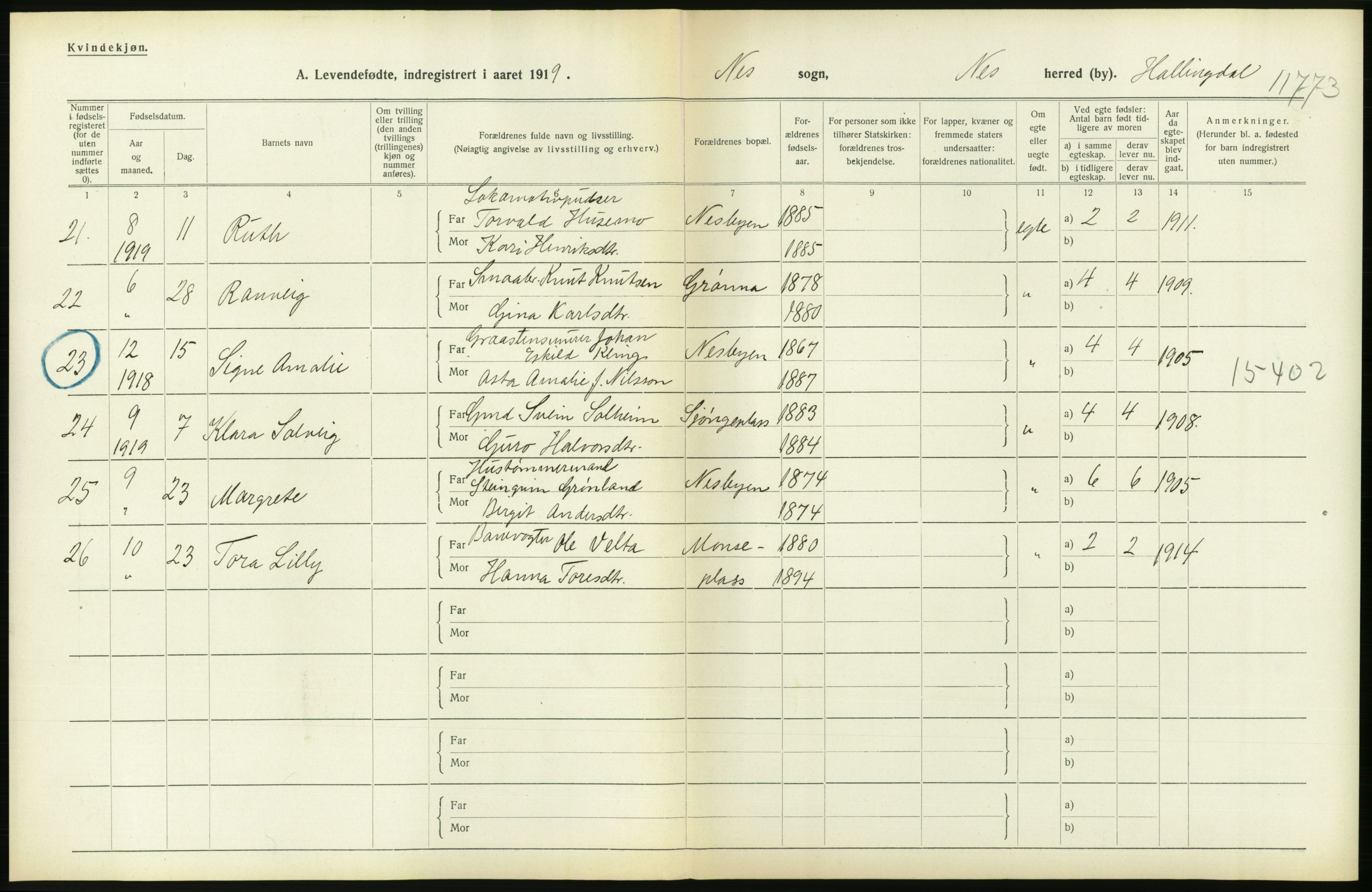 Statistisk sentralbyrå, Sosiodemografiske emner, Befolkning, RA/S-2228/D/Df/Dfb/Dfbi/L0016: Buskerud fylke: Levendefødte menn og kvinner. Bygder., 1919, p. 216