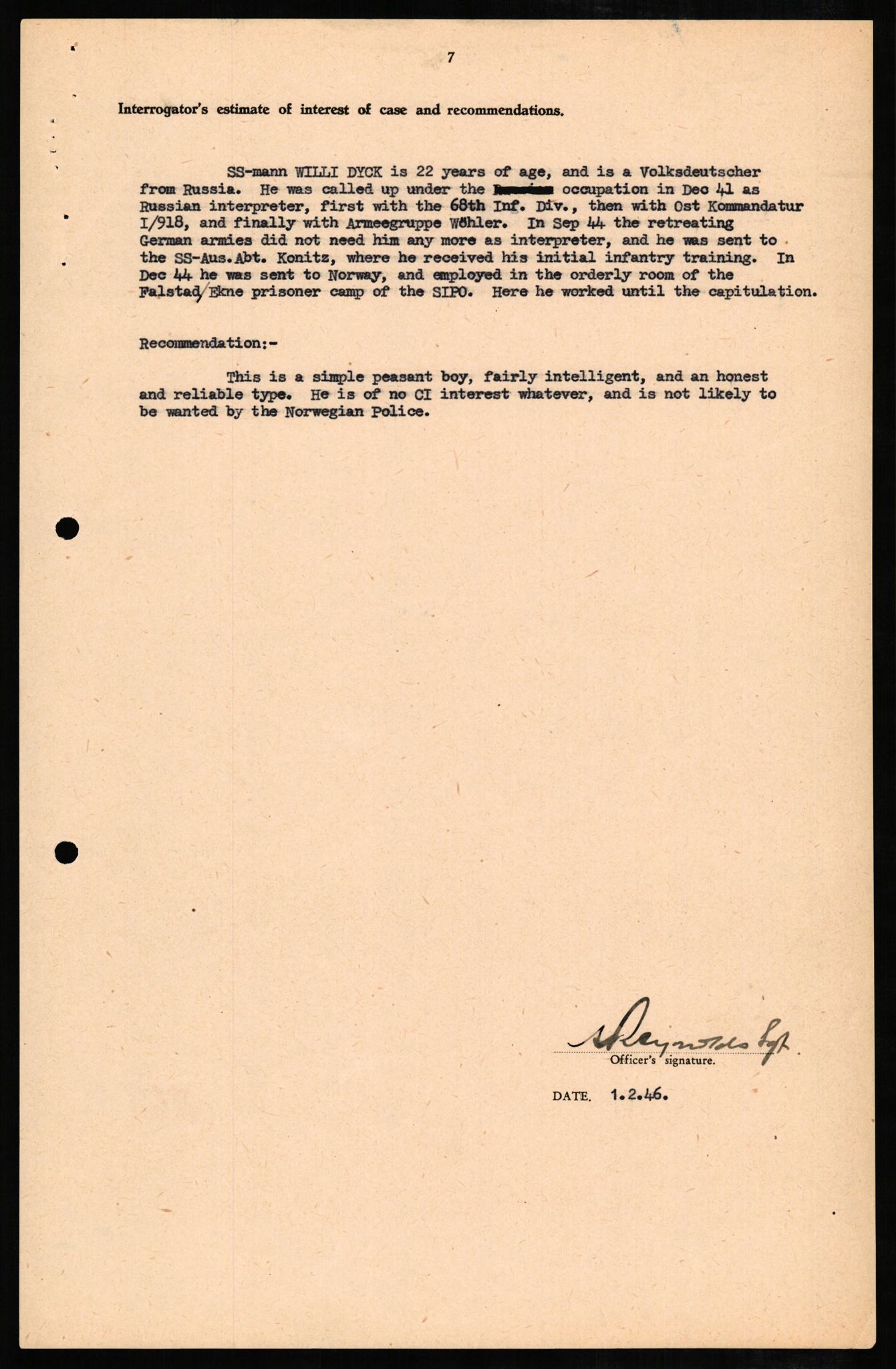 Forsvaret, Forsvarets overkommando II, AV/RA-RAFA-3915/D/Db/L0006: CI Questionaires. Tyske okkupasjonsstyrker i Norge. Tyskere., 1945-1946, p. 311