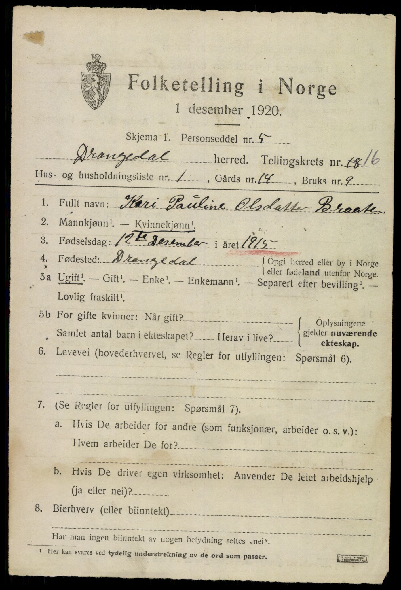 SAKO, 1920 census for Drangedal, 1920, p. 7805