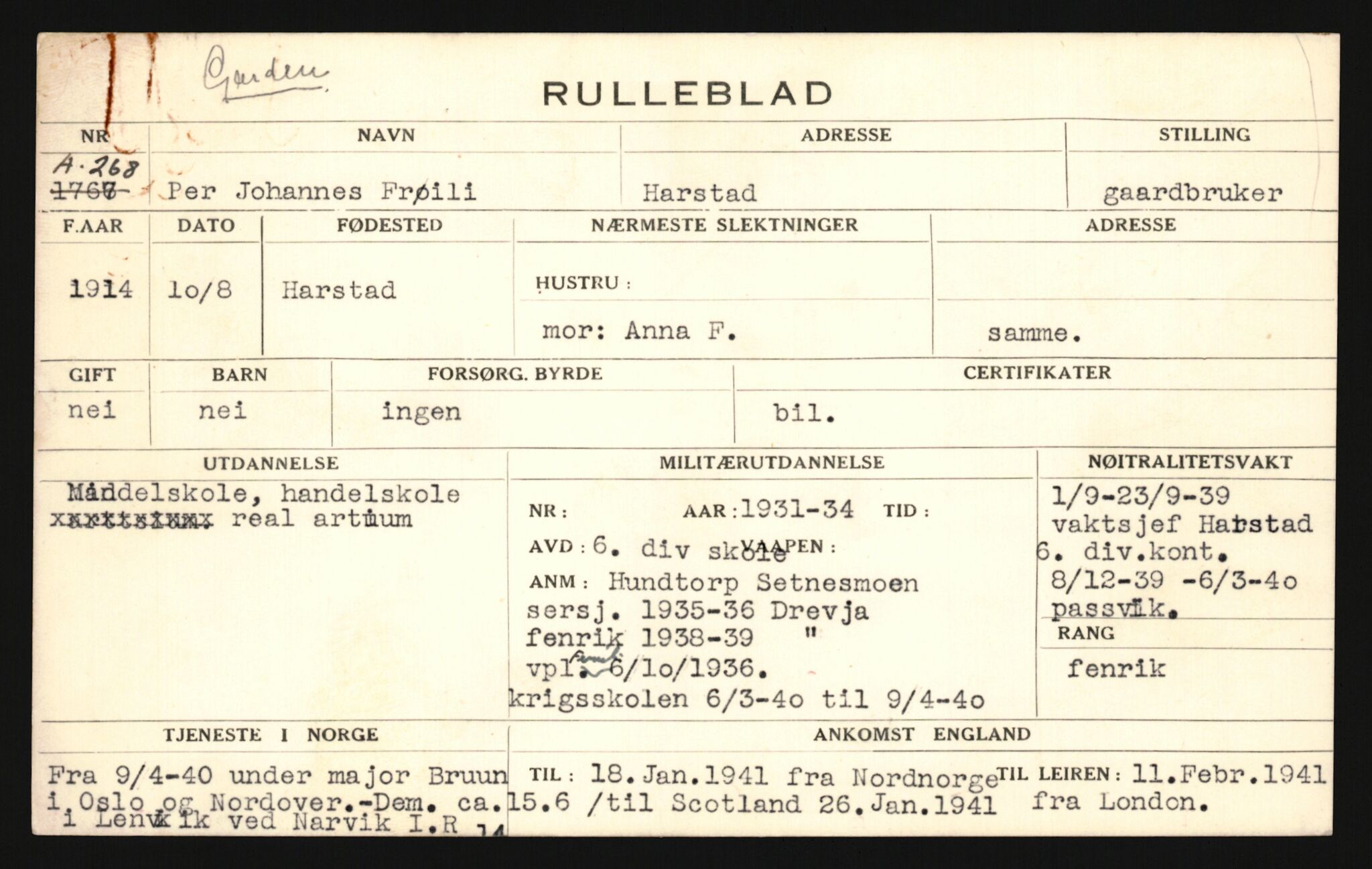 Forsvaret, Sør-Hålogaland landforsvar, AV/RA-RAFA-2552/P/Pa/L0302: Personellmapper for slettet personell, yrkesbefal og vernepliktig befal, født 1913-1916, 1932-1976, p. 177