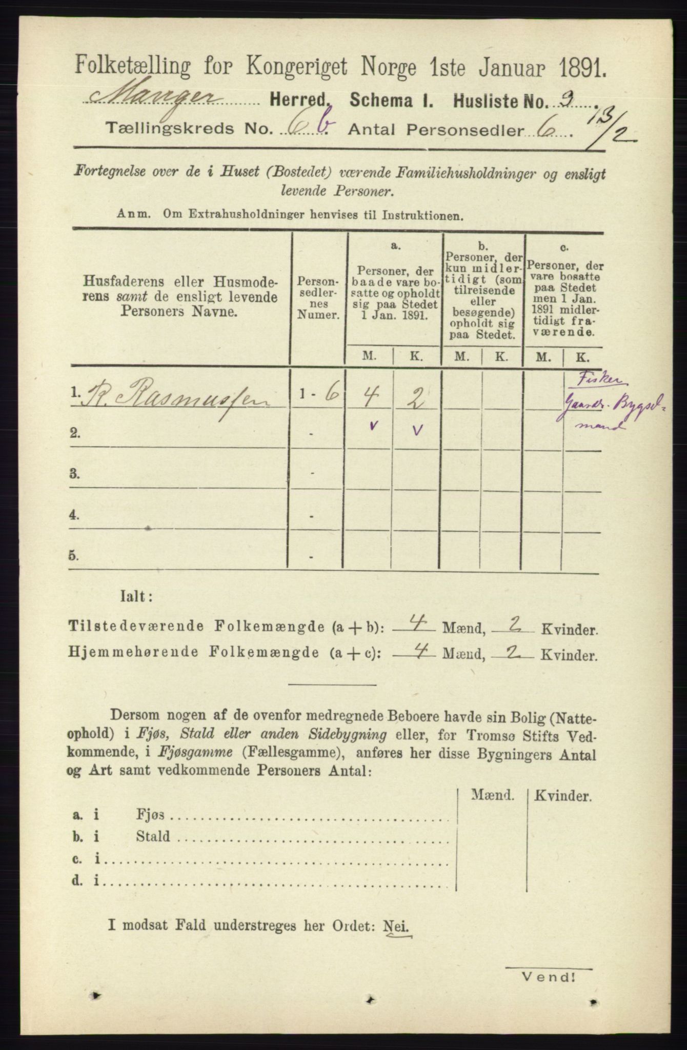 RA, 1891 census for 1261 Manger, 1891, p. 3947