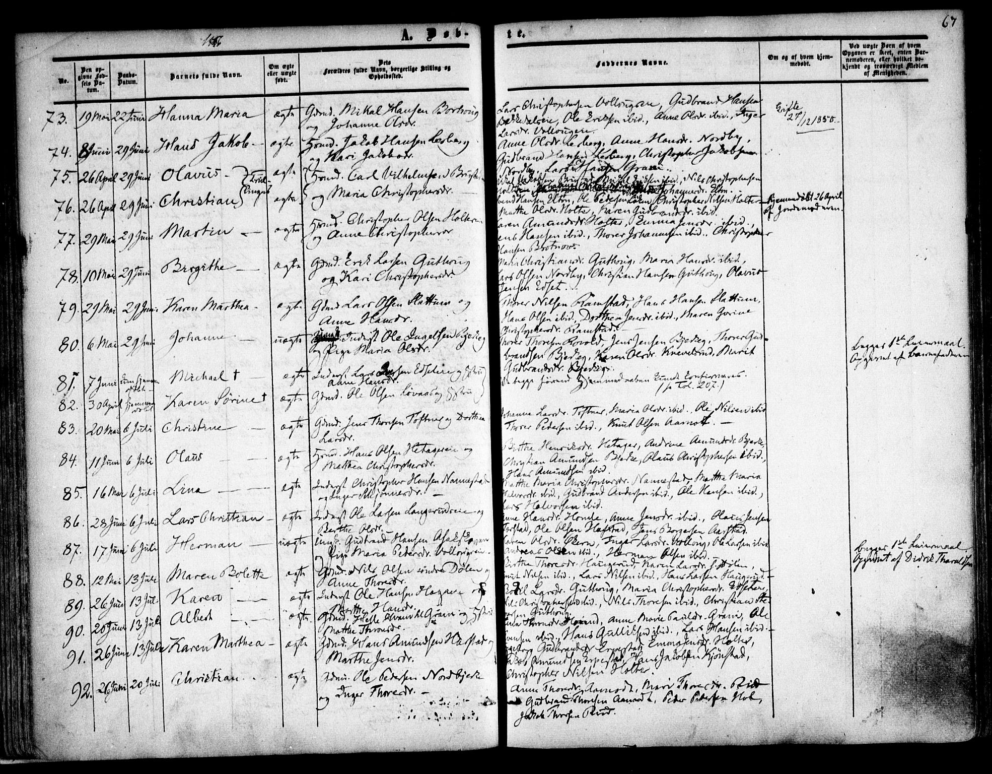 Nannestad prestekontor Kirkebøker, AV/SAO-A-10414a/F/Fa/L0011: Parish register (official) no. I 11, 1850-1859, p. 67