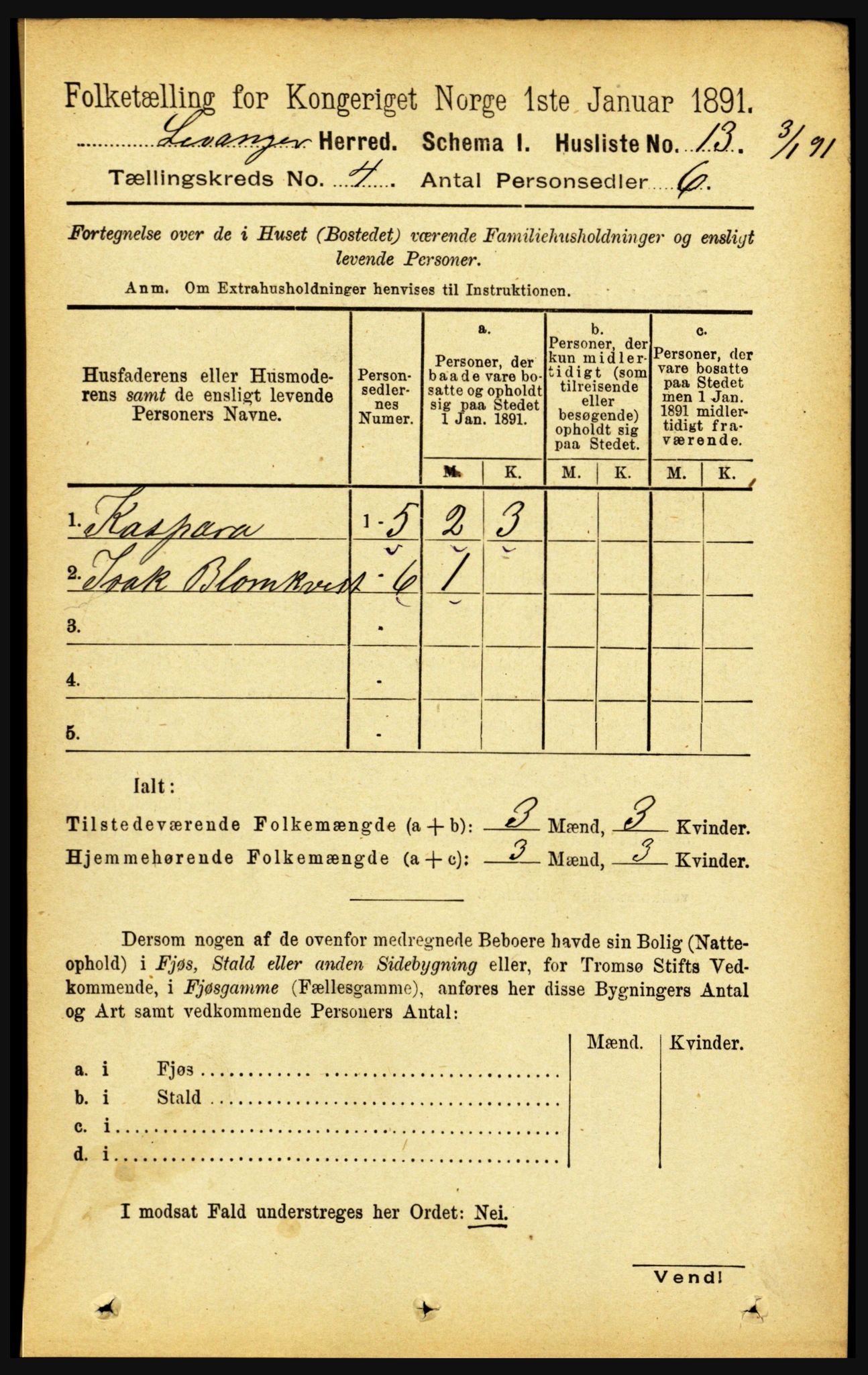 RA, 1891 census for 1720 Levanger, 1891, p. 2094