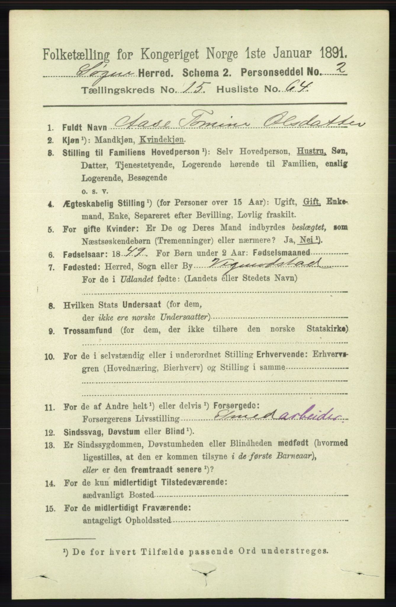 RA, 1891 census for 1018 Søgne, 1891, p. 4208