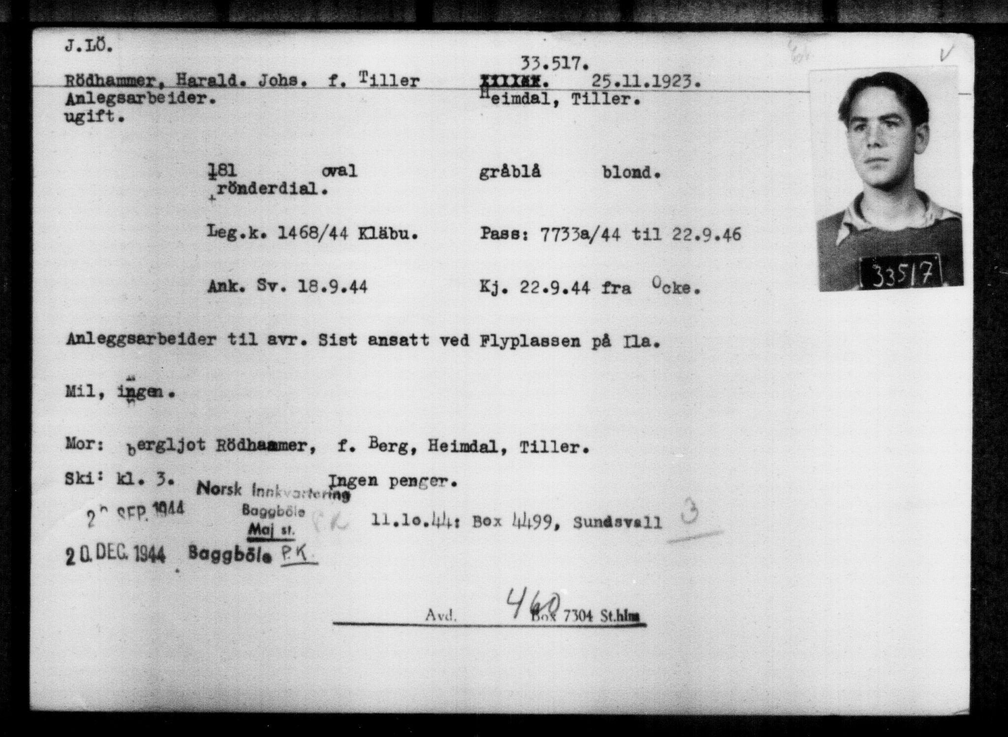 Utenriksstasjonene, Legasjonen i Stockholm, Flyktningkontoret, AV/RA-S-6753/V/Va/L0013: Kjesäterkartoteket, flyktninger med registreringsnr. 31500-34731, 1940-1945, p. 2125