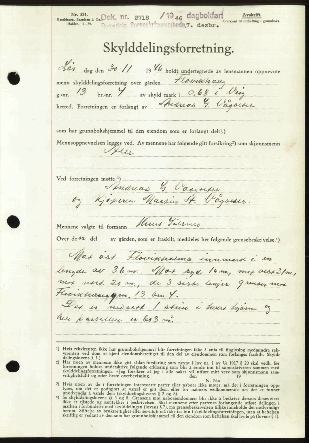 Romsdal sorenskriveri, AV/SAT-A-4149/1/2/2C: Mortgage book no. A21, 1946-1946, Diary no: : 2718/1946