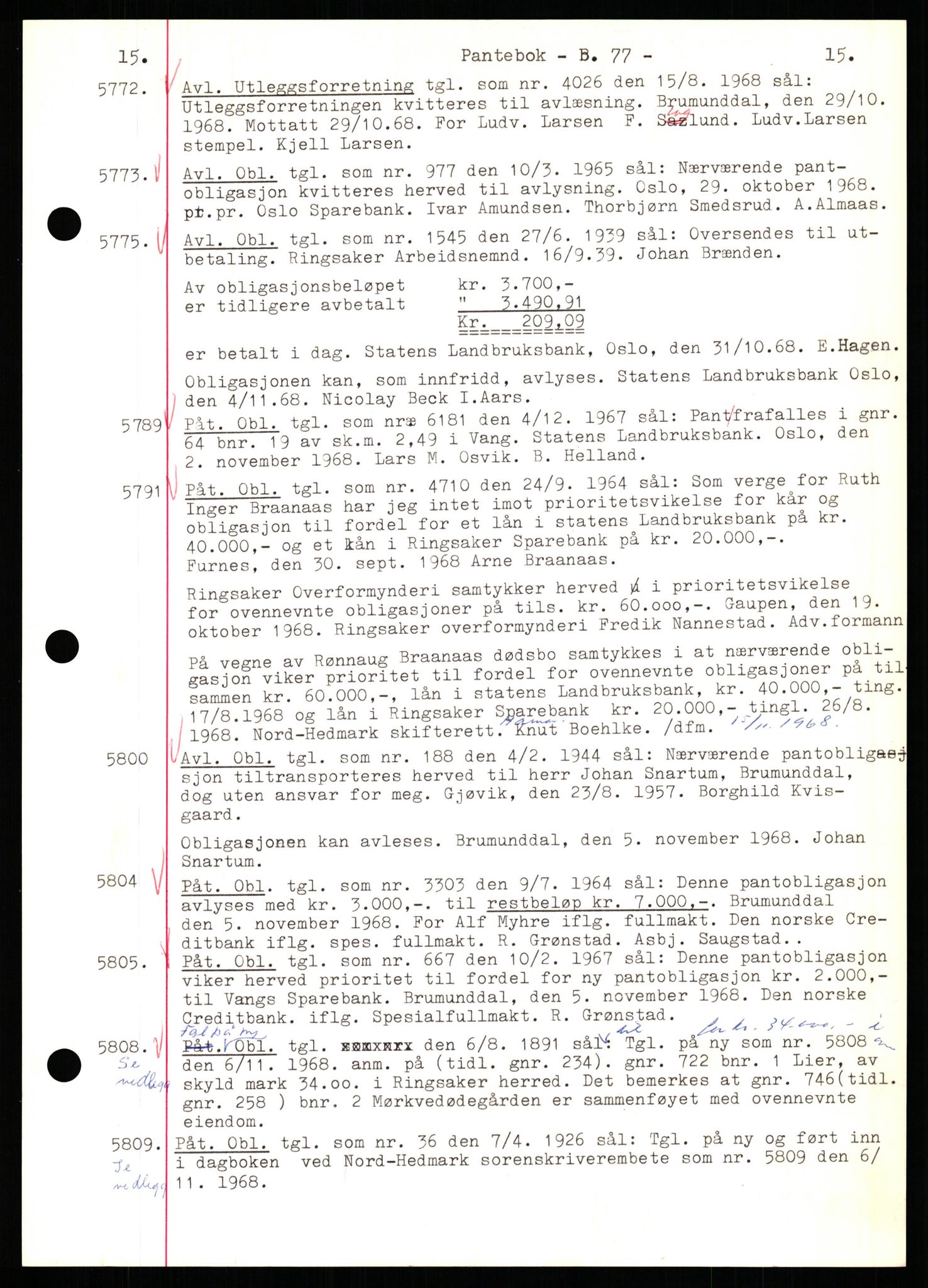 Nord-Hedmark sorenskriveri, SAH/TING-012/H/Hb/Hbf/L0077: Mortgage book no. B77, 1968-1969, Diary no: : 5772/1968