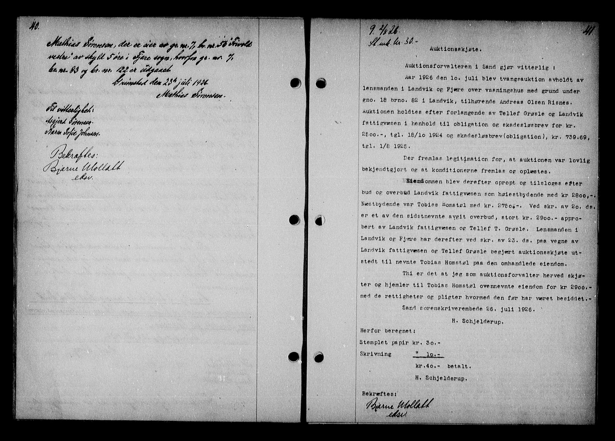 Vestre Nedenes/Sand sorenskriveri, AV/SAK-1221-0010/G/Gb/Gba/L0036: Mortgage book no. 62, 1926-1928, p. 40-41