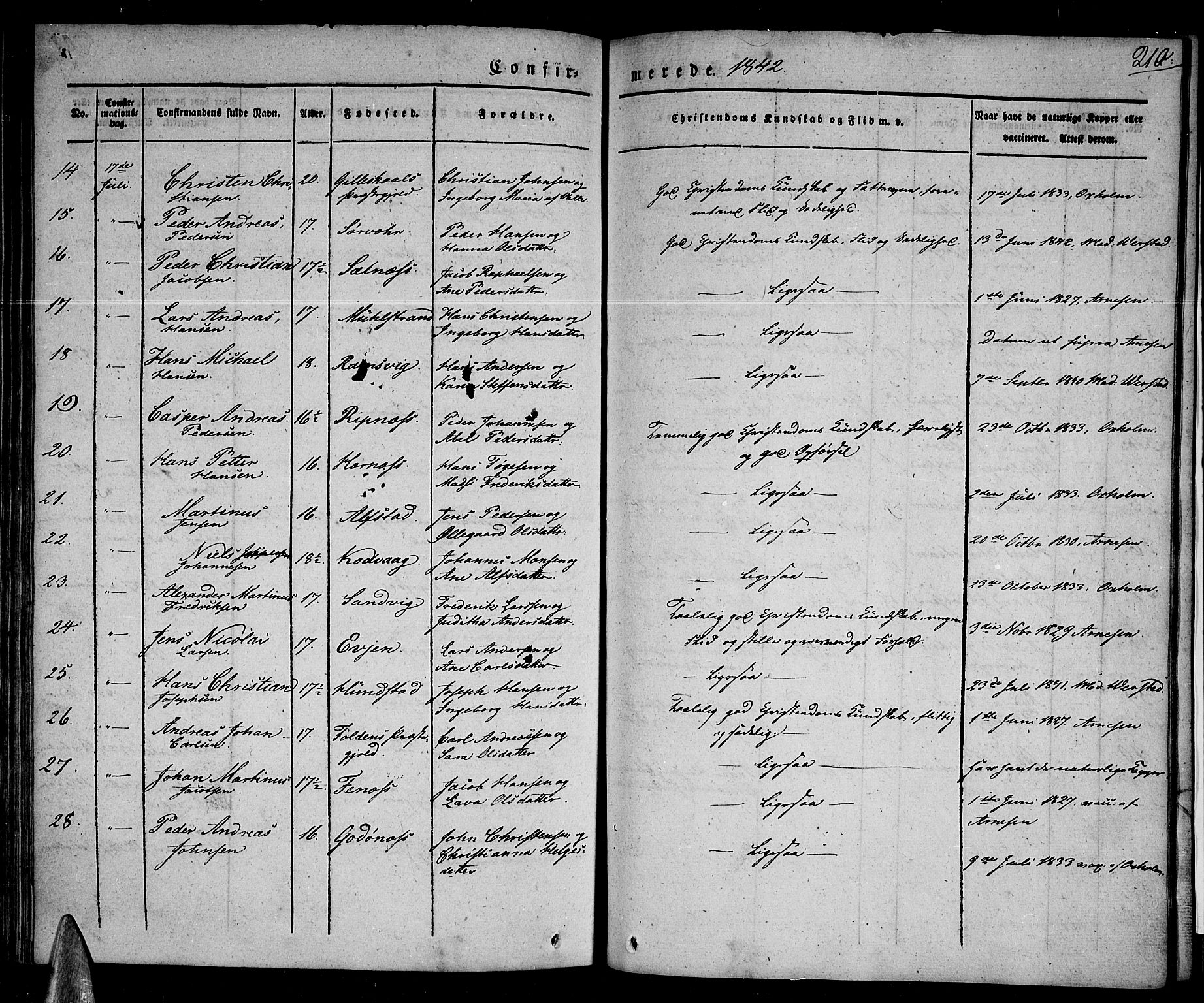 Ministerialprotokoller, klokkerbøker og fødselsregistre - Nordland, AV/SAT-A-1459/801/L0006: Parish register (official) no. 801A06, 1834-1845, p. 210