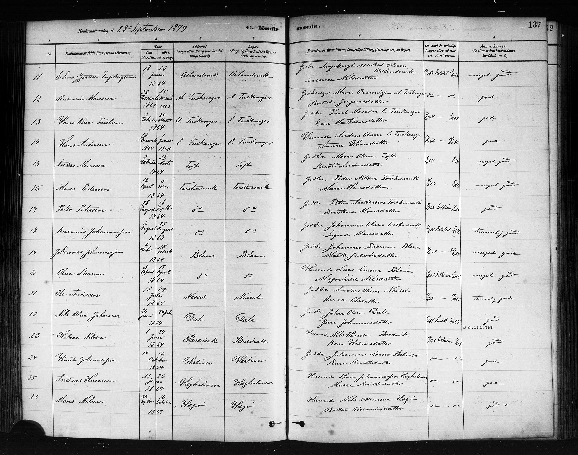 Herdla Sokneprestembete, AV/SAB-A-75701/H/Haa: Parish register (official) no. A 3, 1878-1890, p. 137