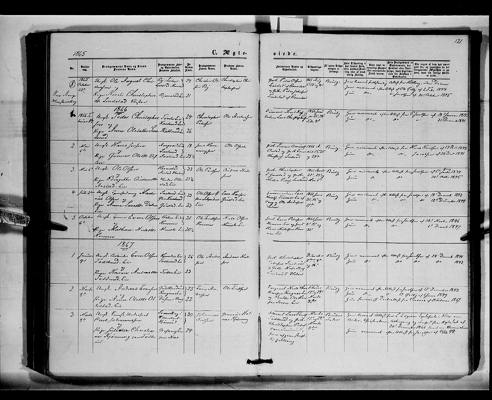 Stange prestekontor, SAH/PREST-002/K/L0015: Parish register (official) no. 15, 1862-1879, p. 121