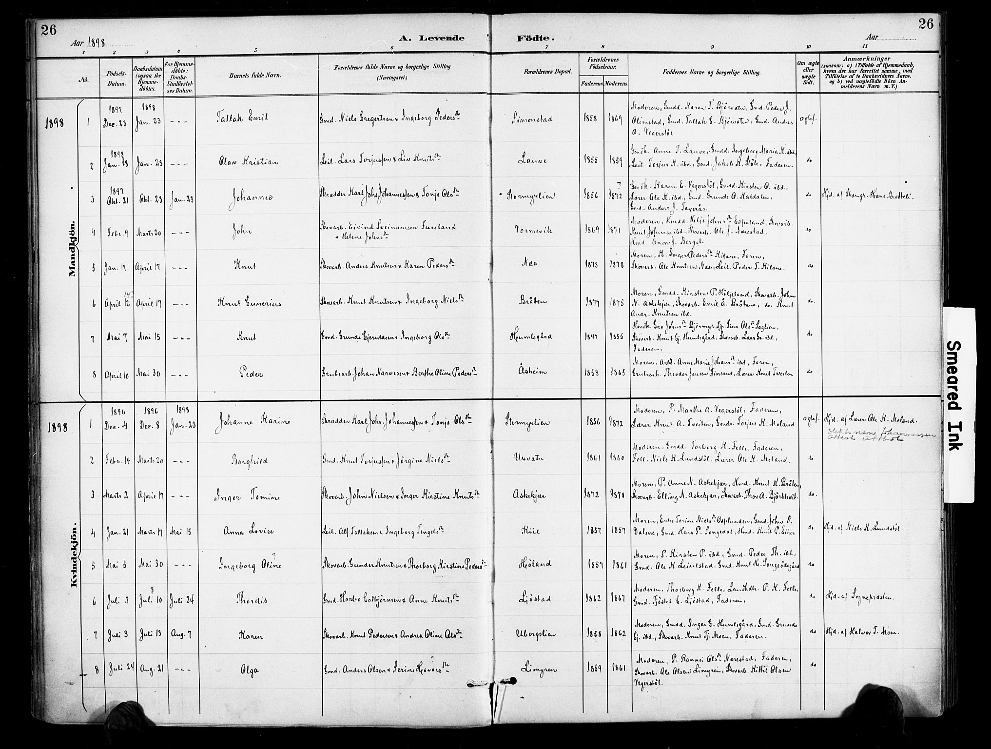 Gjerstad sokneprestkontor, AV/SAK-1111-0014/F/Fa/Fab/L0005: Parish register (official) no. A 5, 1891-1908, p. 26