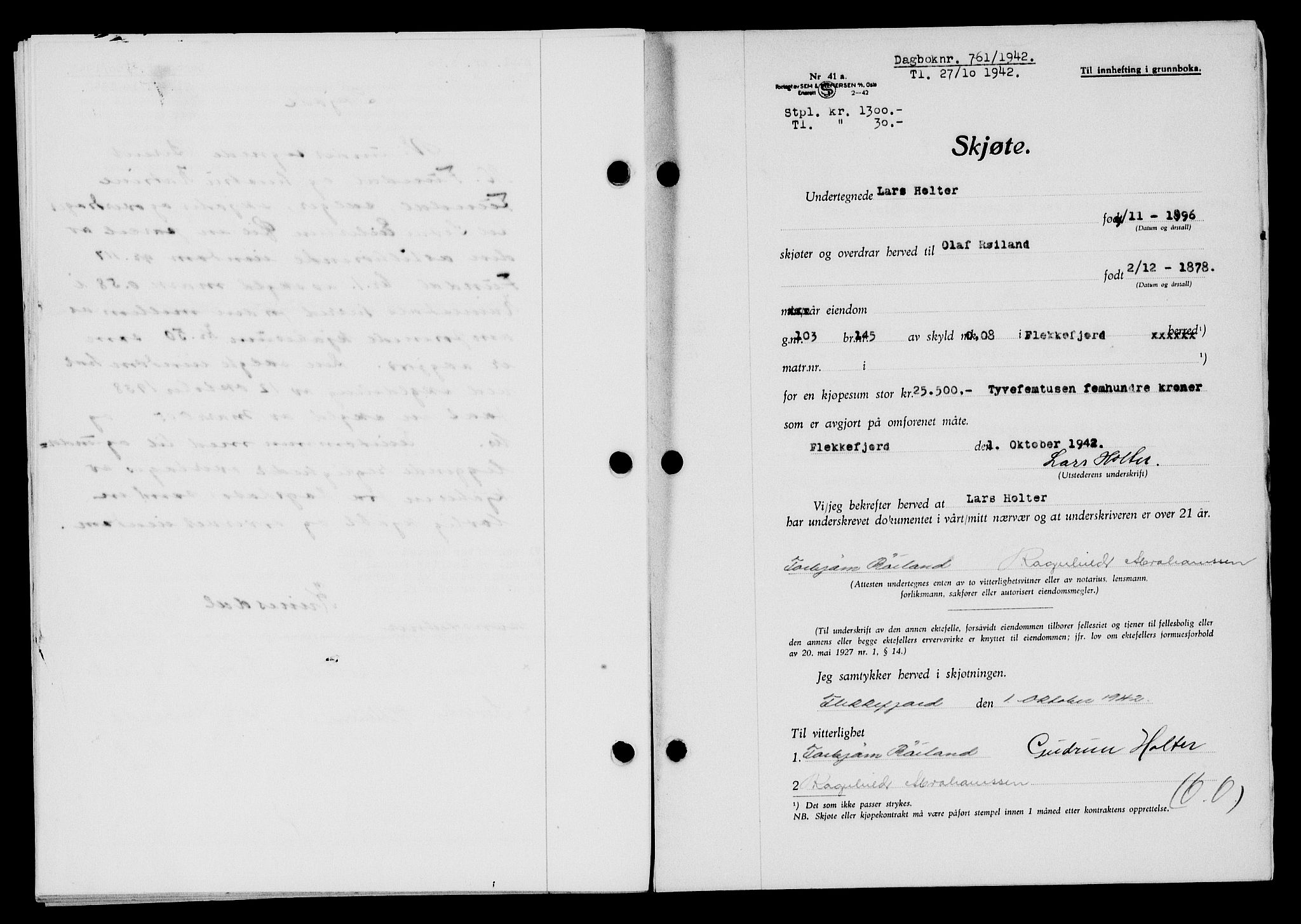Flekkefjord sorenskriveri, SAK/1221-0001/G/Gb/Gba/L0058: Mortgage book no. A-6, 1942-1944, Diary no: : 761/1942