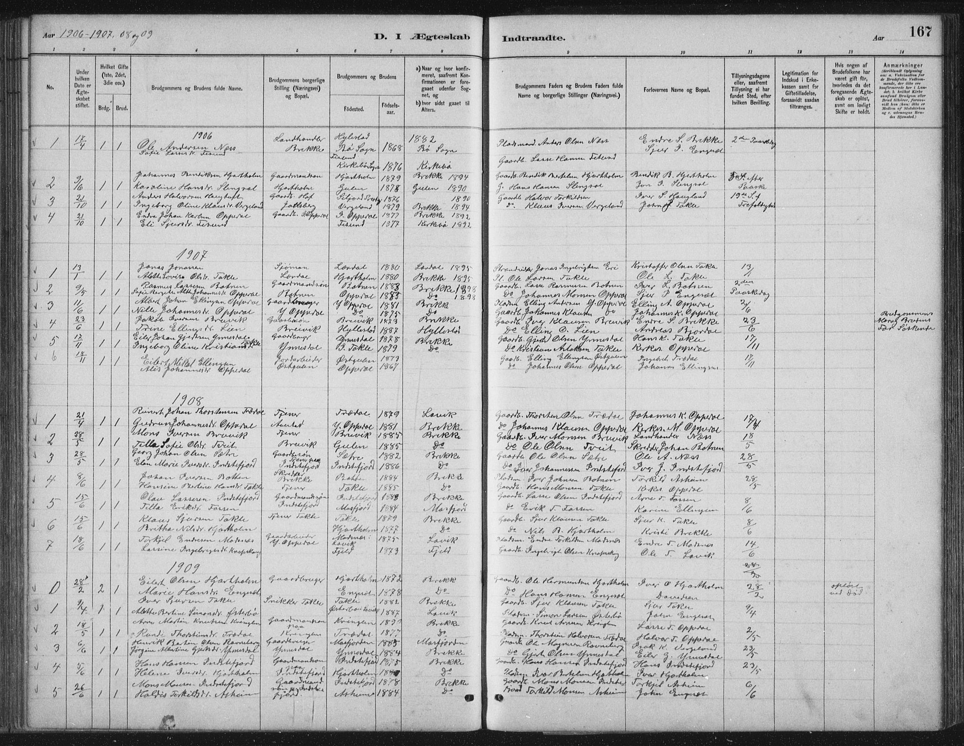 Gulen sokneprestembete, SAB/A-80201/H/Hab/Habc/L0002: Parish register (copy) no. C 2, 1880-1938, p. 167