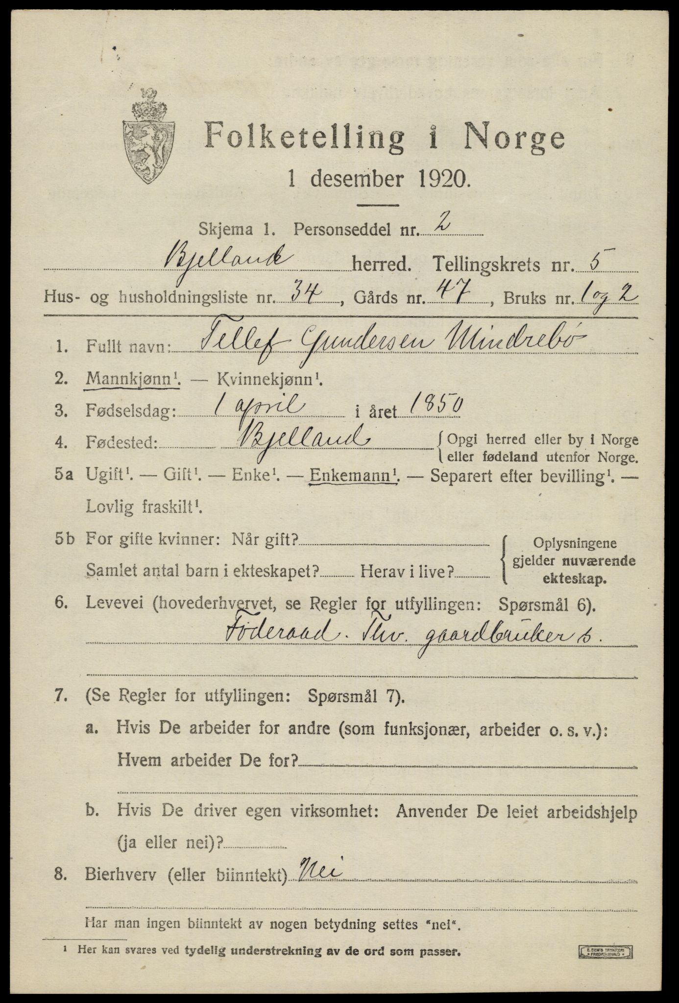 SAK, 1920 census for Bjelland, 1920, p. 1811