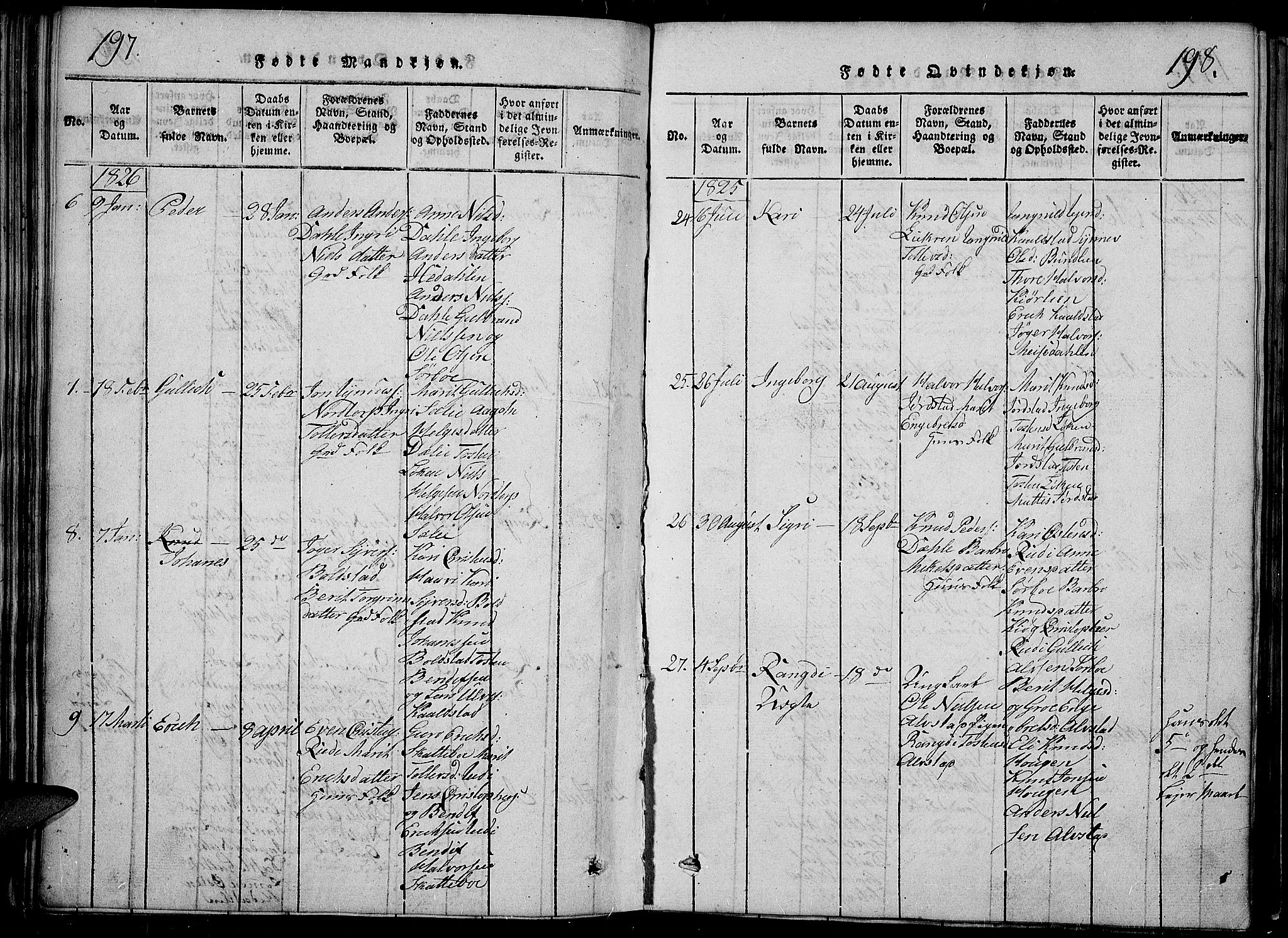 Slidre prestekontor, SAH/PREST-134/H/Ha/Hab/L0002: Parish register (copy) no. 2, 1814-1839, p. 197-198