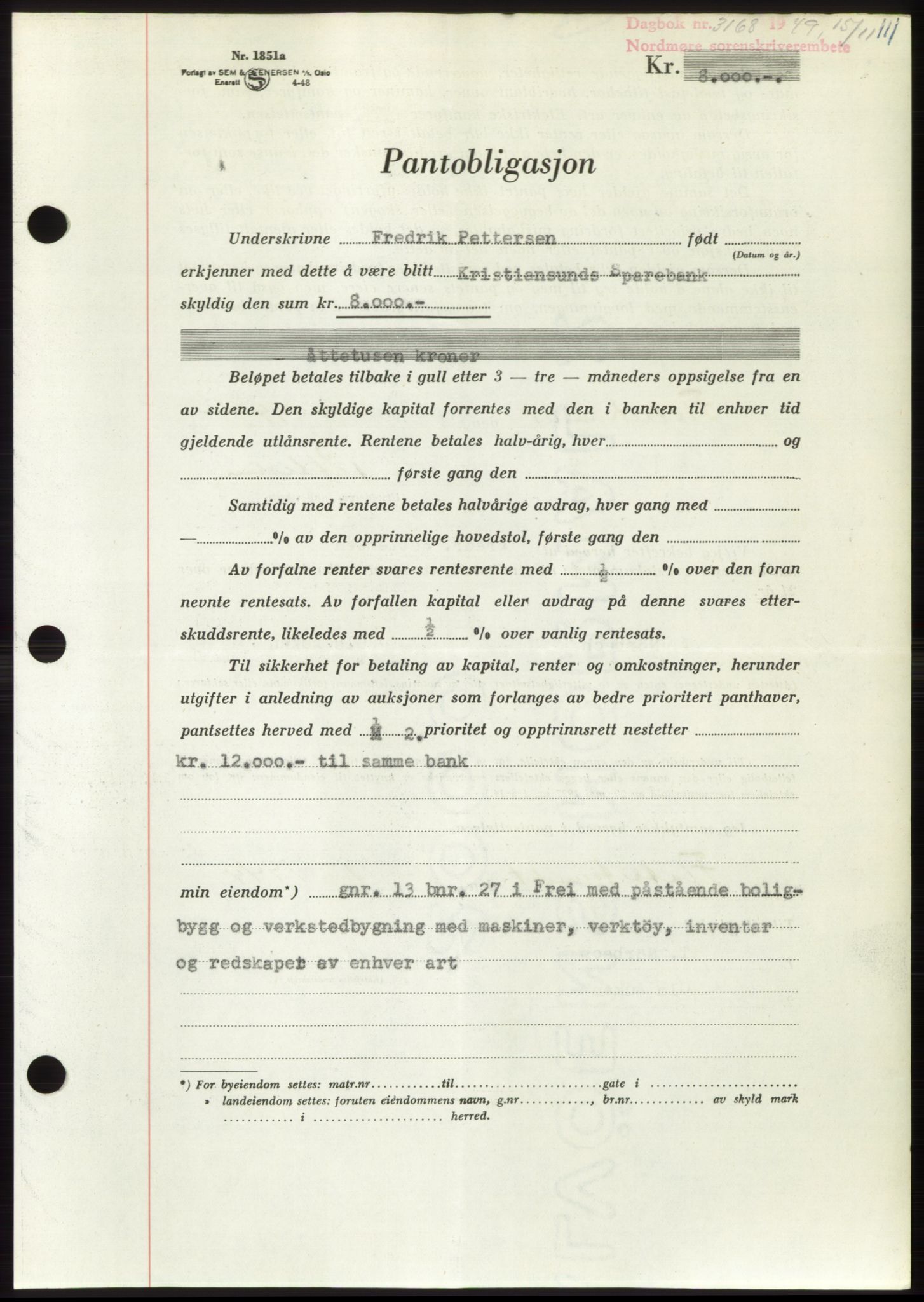 Nordmøre sorenskriveri, AV/SAT-A-4132/1/2/2Ca: Mortgage book no. B103, 1949-1950, Diary no: : 3168/1949