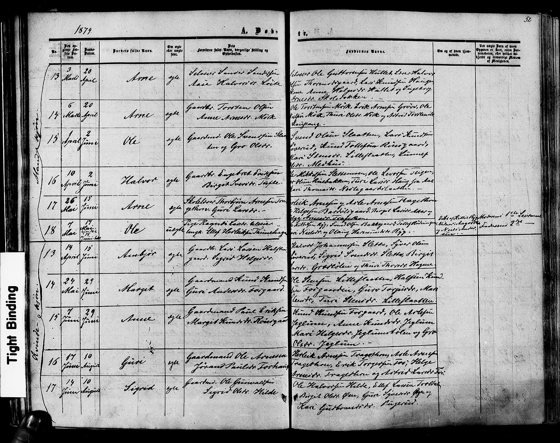 Hol kirkebøker, SAKO/A-227/F/Fa/L0002: Parish register (official) no. I 2, 1870-1886, p. 52