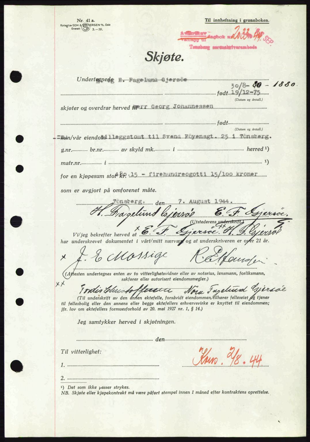 Tønsberg sorenskriveri, AV/SAKO-A-130/G/Ga/Gaa/L0016: Mortgage book no. A16, 1944-1945, Diary no: : 2033/1944