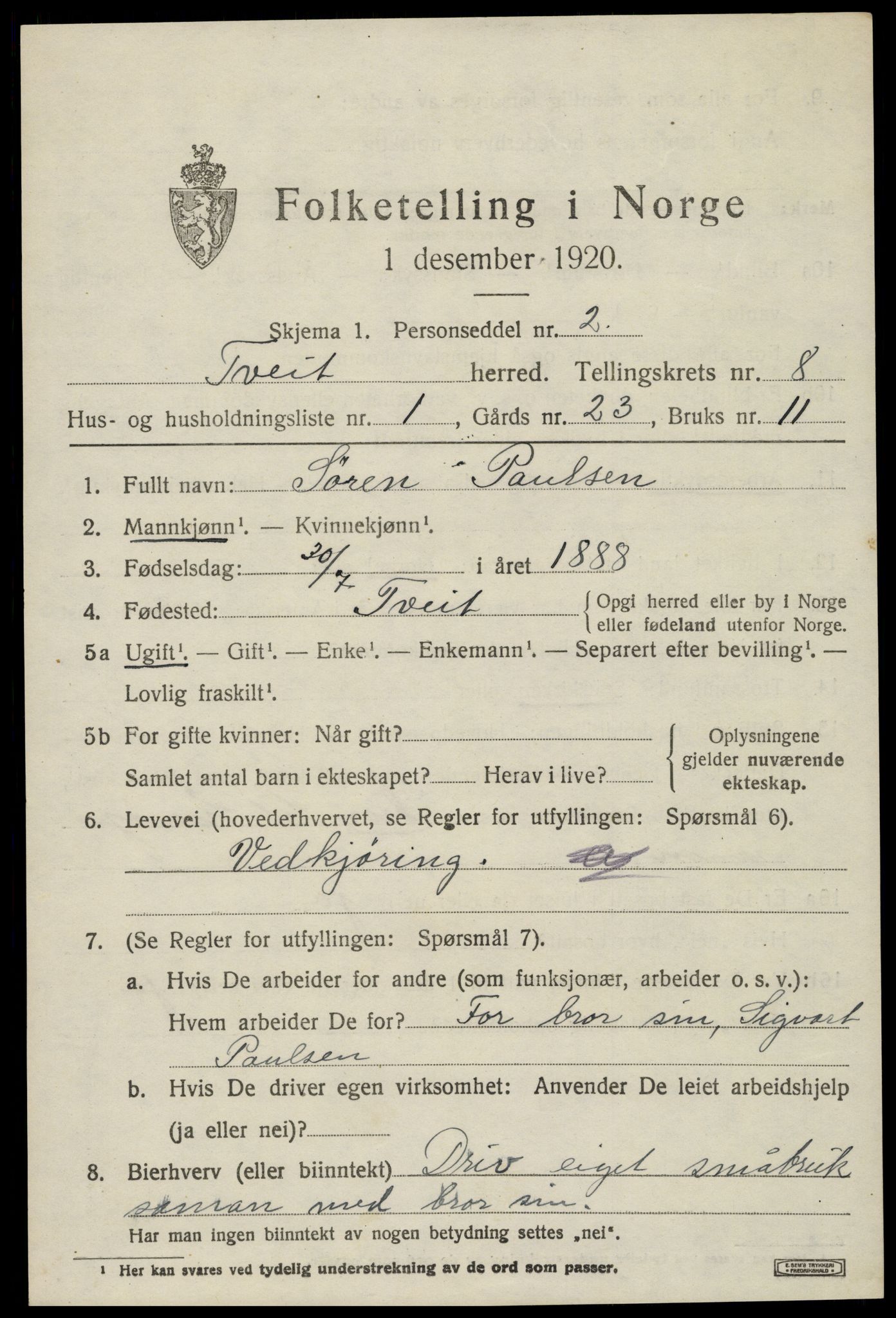 SAK, 1920 census for Tveit, 1920, p. 3488