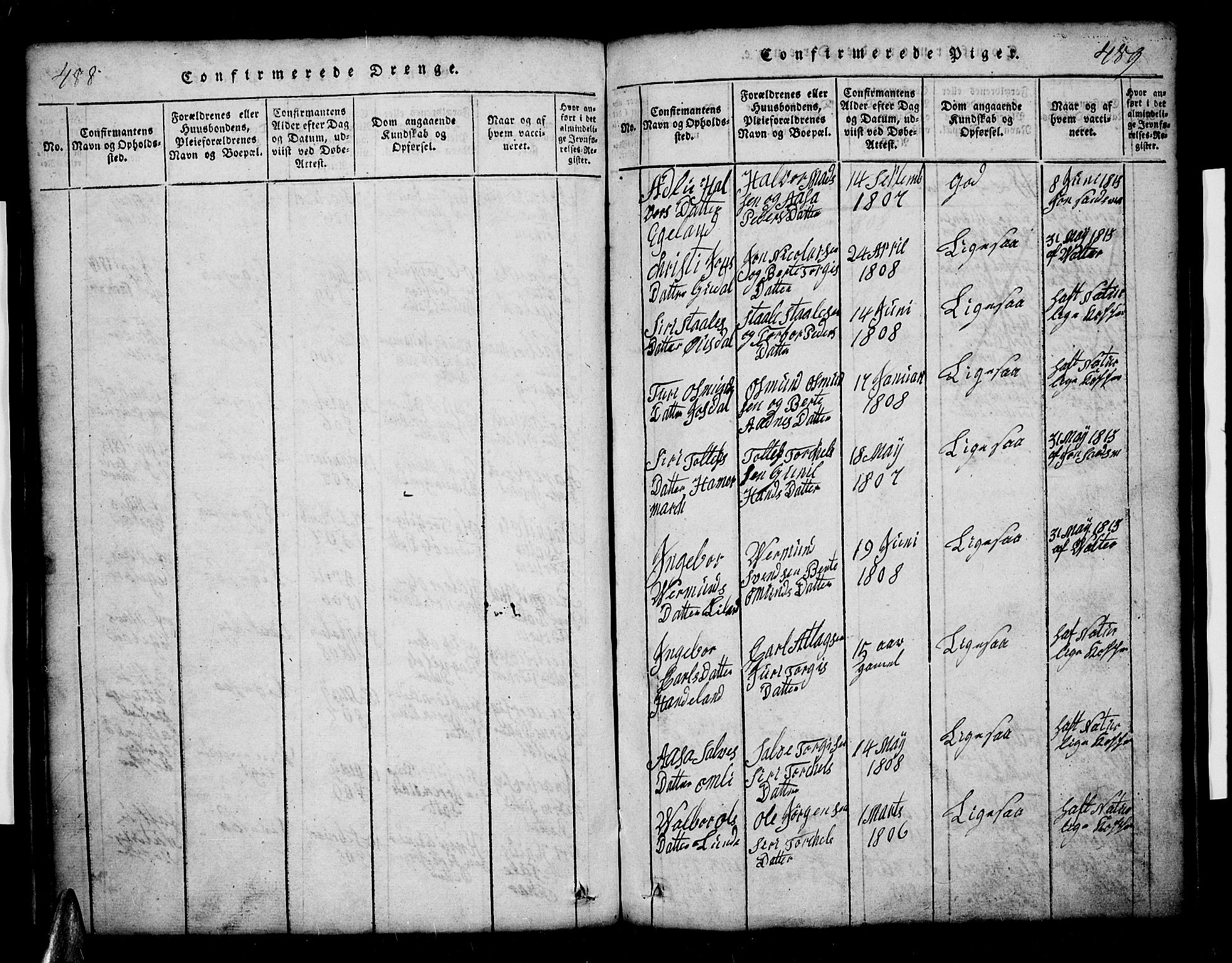 Sirdal sokneprestkontor, SAK/1111-0036/F/Fb/Fbb/L0001: Parish register (copy) no. B 1, 1815-1834, p. 488-489