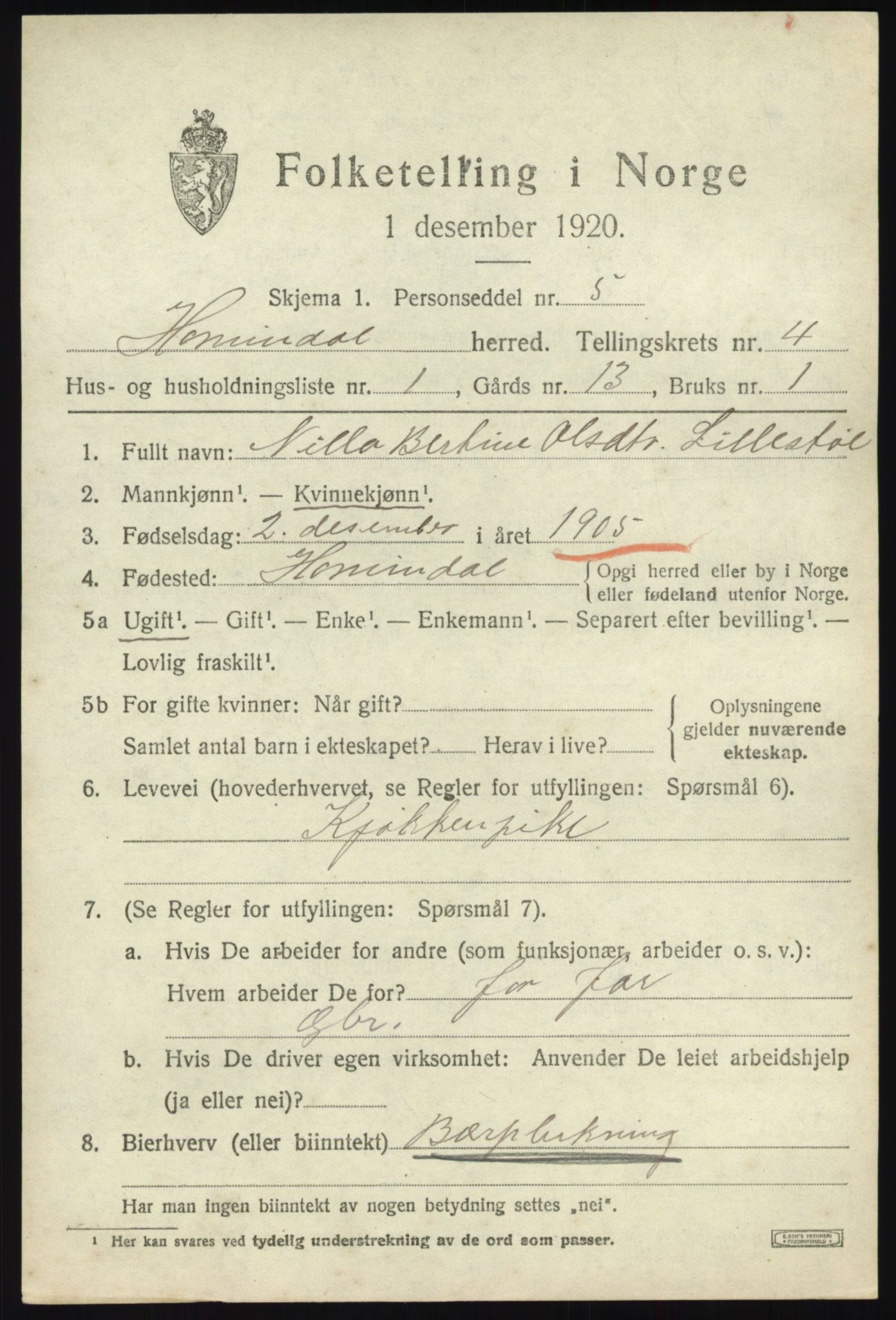 SAB, 1920 census for Hornindal, 1920, p. 1766