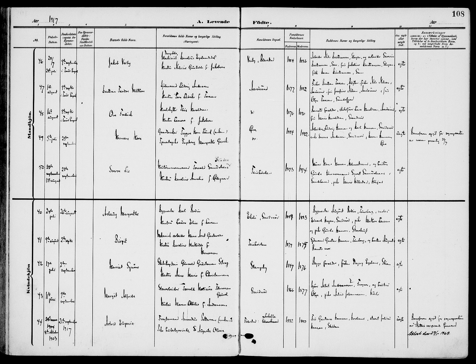 Nøtterøy kirkebøker, SAKO/A-354/F/Fa/L0010: Parish register (official) no. I 10, 1908-1919, p. 108