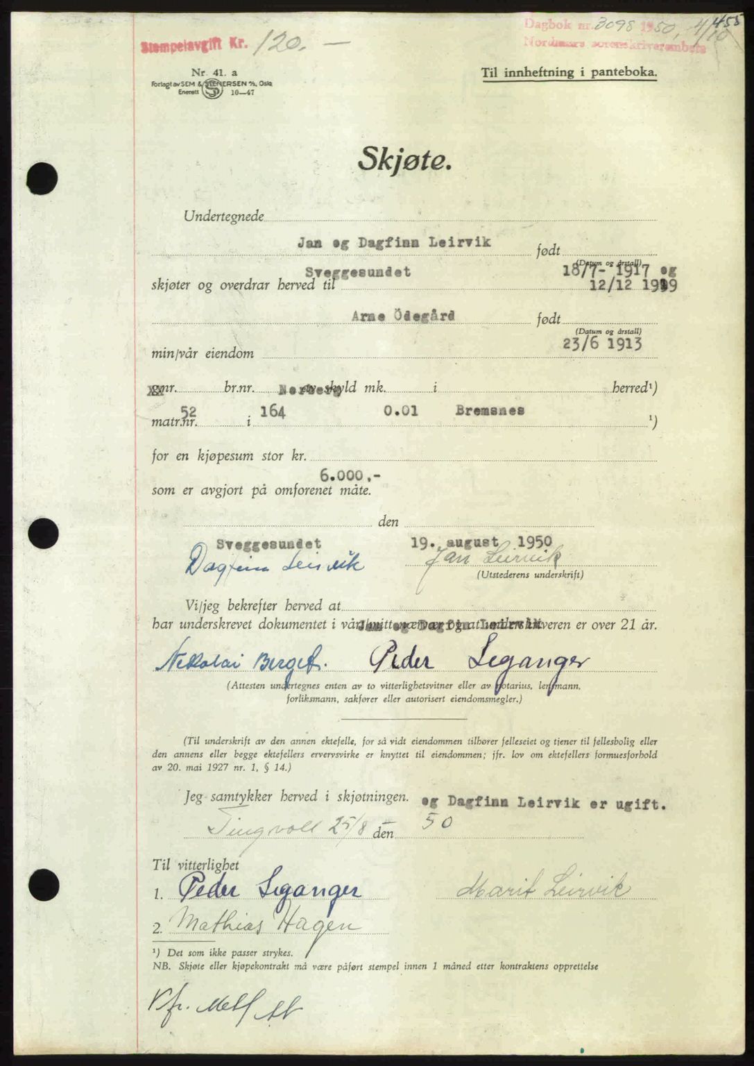 Nordmøre sorenskriveri, AV/SAT-A-4132/1/2/2Ca: Mortgage book no. A116, 1950-1950, Diary no: : 3098/1950