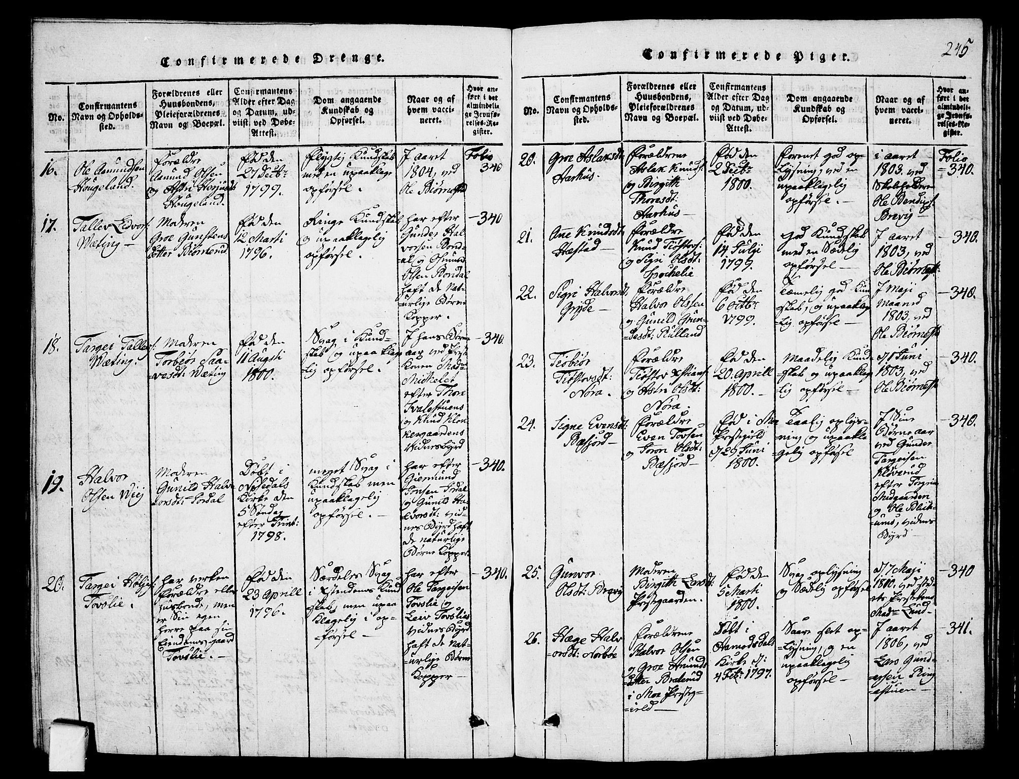 Fyresdal kirkebøker, AV/SAKO-A-263/G/Ga/L0001: Parish register (copy) no. I 1, 1816-1840, p. 245